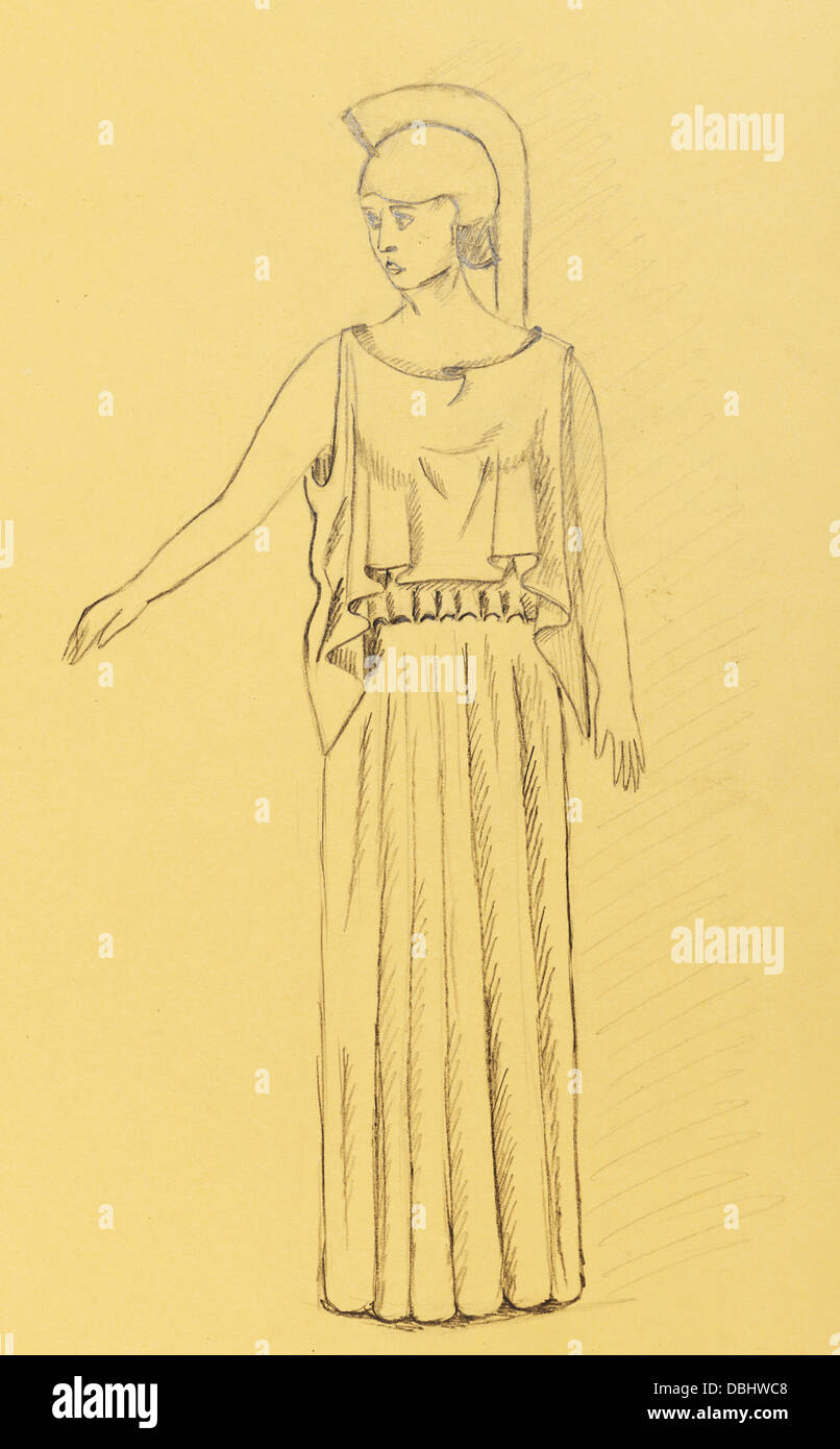 Costumes historiques - femme habillé comme un guerrier grec antique statue d'Athéna stylisée, 5e siècle avant J.-C. Banque D'Images