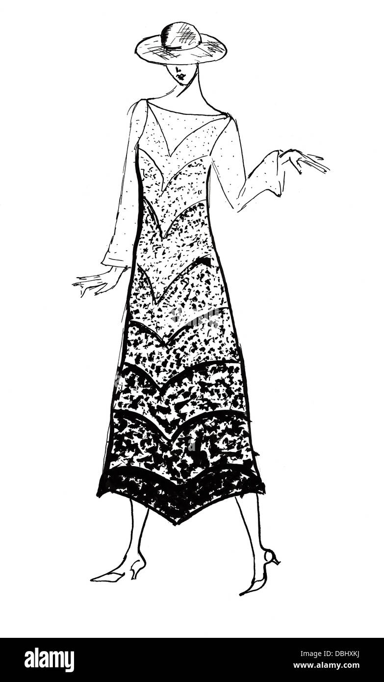 De la mode du 20e siècle - la femme en robe et chapeau sur une promenade en 20e années Banque D'Images