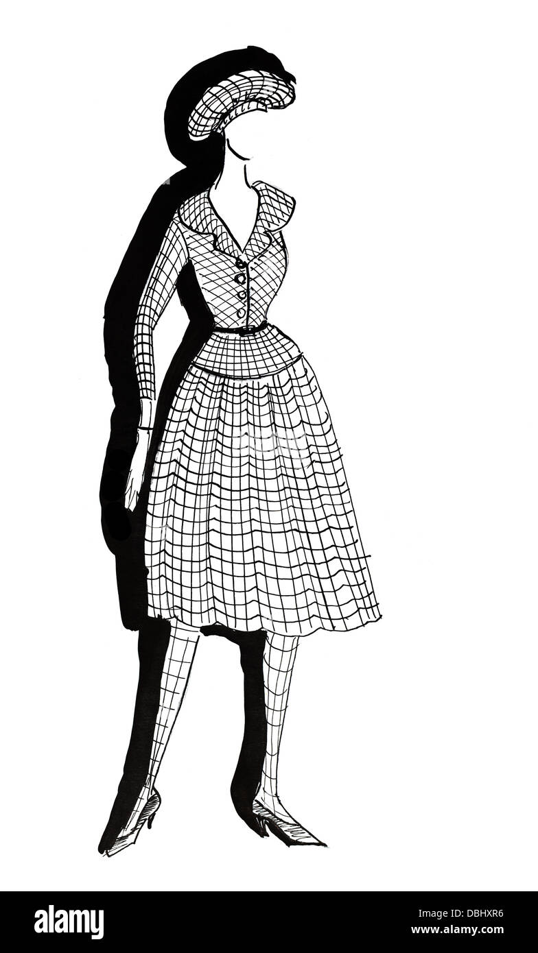 De la mode du 20e siècle - robe tweed avec une jupe plissée en 50e années Banque D'Images