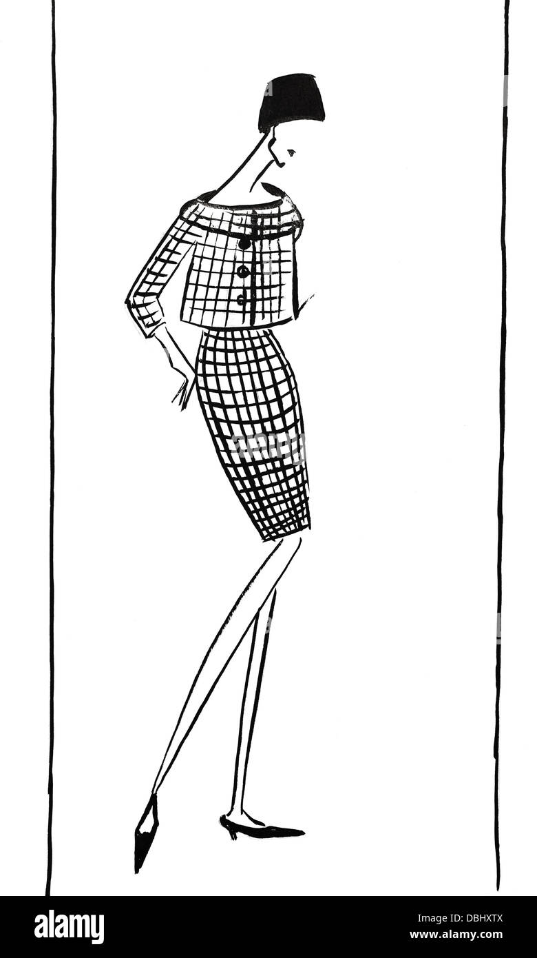 La mode du 20ème siècle - Femme costume à carreaux - veste et jupe midi étroit en 50e années Banque D'Images