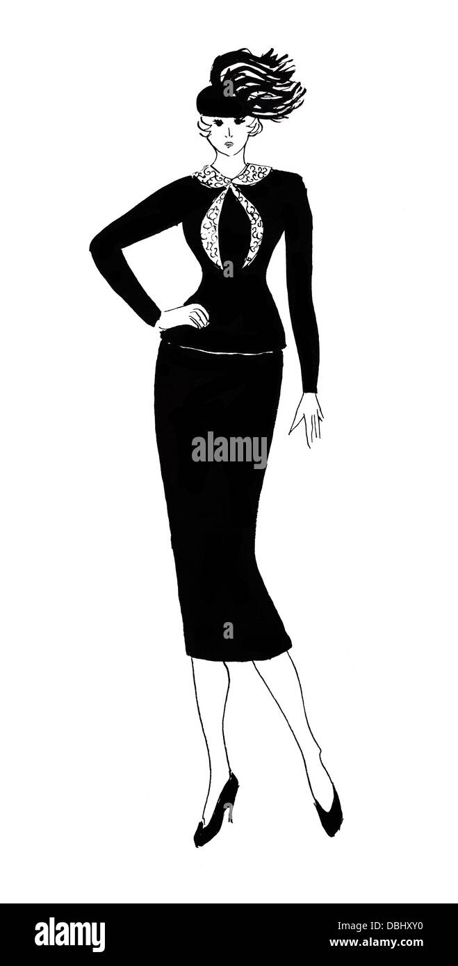 De la mode du 20e siècle - costume noir de chapeau, veste, jupe de femme de bureau 30e années Banque D'Images