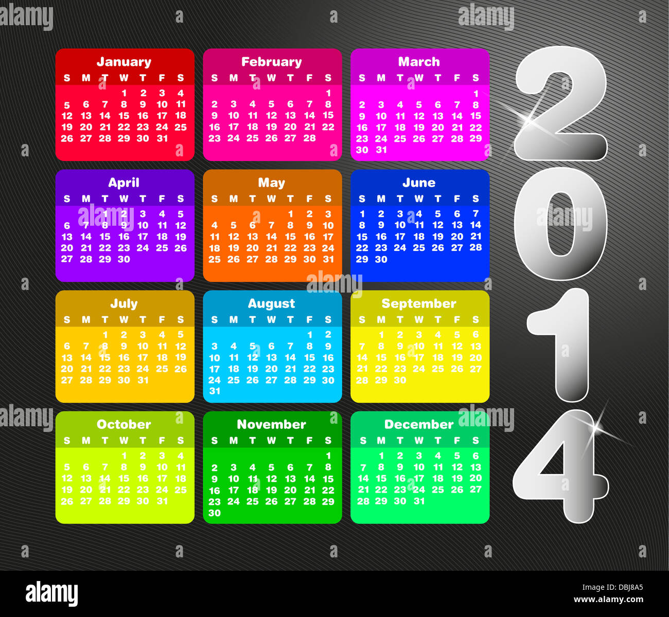 Calendrier original pour 2014. Semaine commence le dimanche Banque D'Images