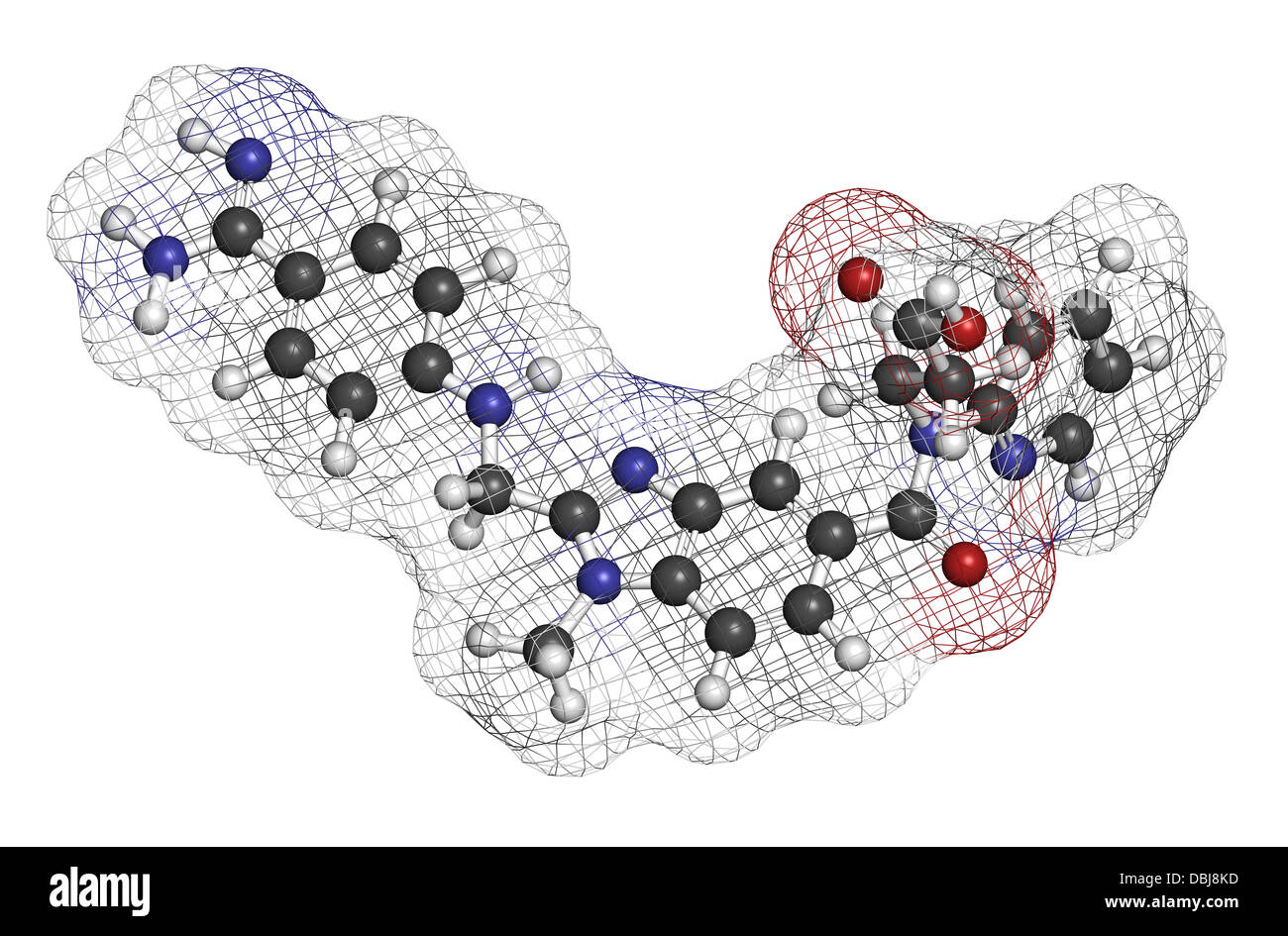 Le dabigatran anticoagulant (inhibiteur direct de la thrombine), la structure chimique. Les atomes sont représentés comme des sphères. Banque D'Images