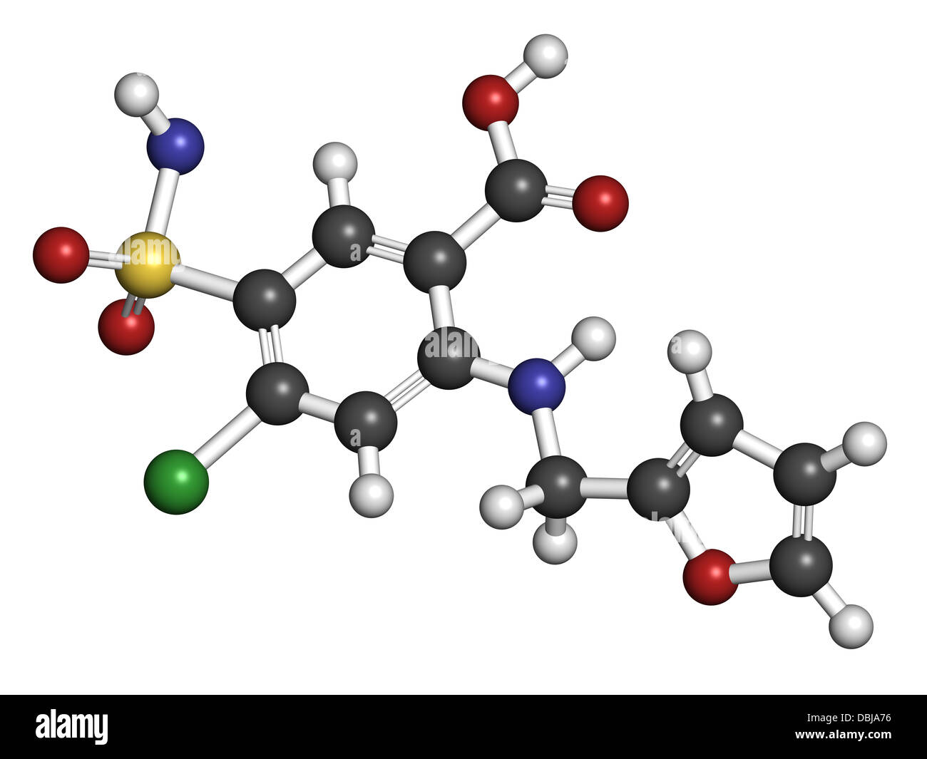 Le furosémide médicaments diurétique, la structure chimique. Médicalement utilisé pour traiter l'hypertension. Aussi utilisé comme agent masquant le dopage dans le sport. Banque D'Images