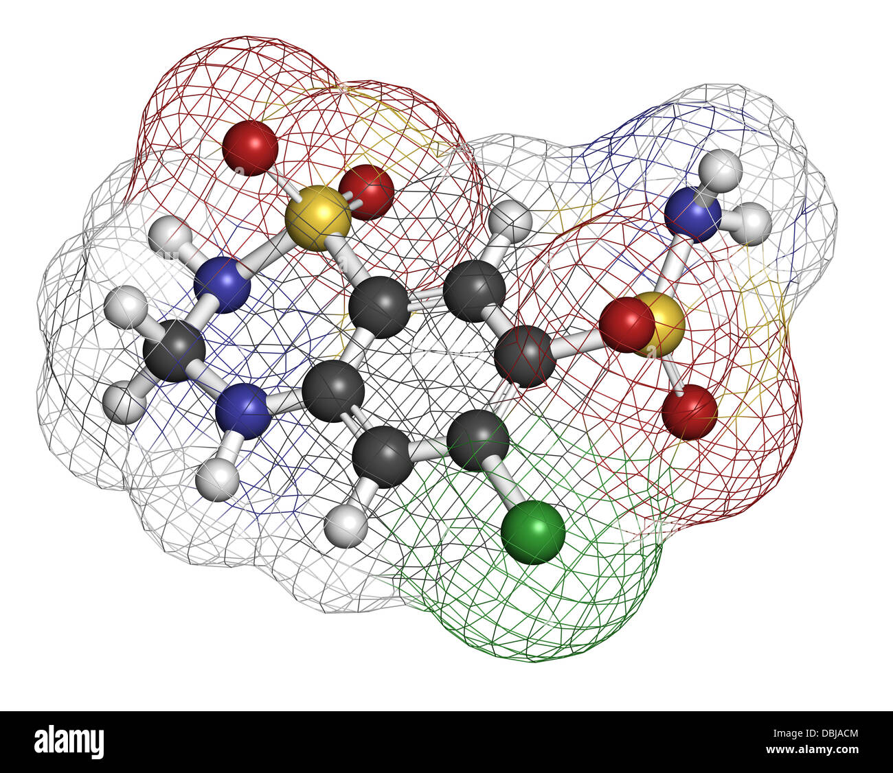 Diurétique Hydrochlorothiazide drug, structure chimique. Les atomes sont représentés comme des sphères avec codage couleur classiques Banque D'Images