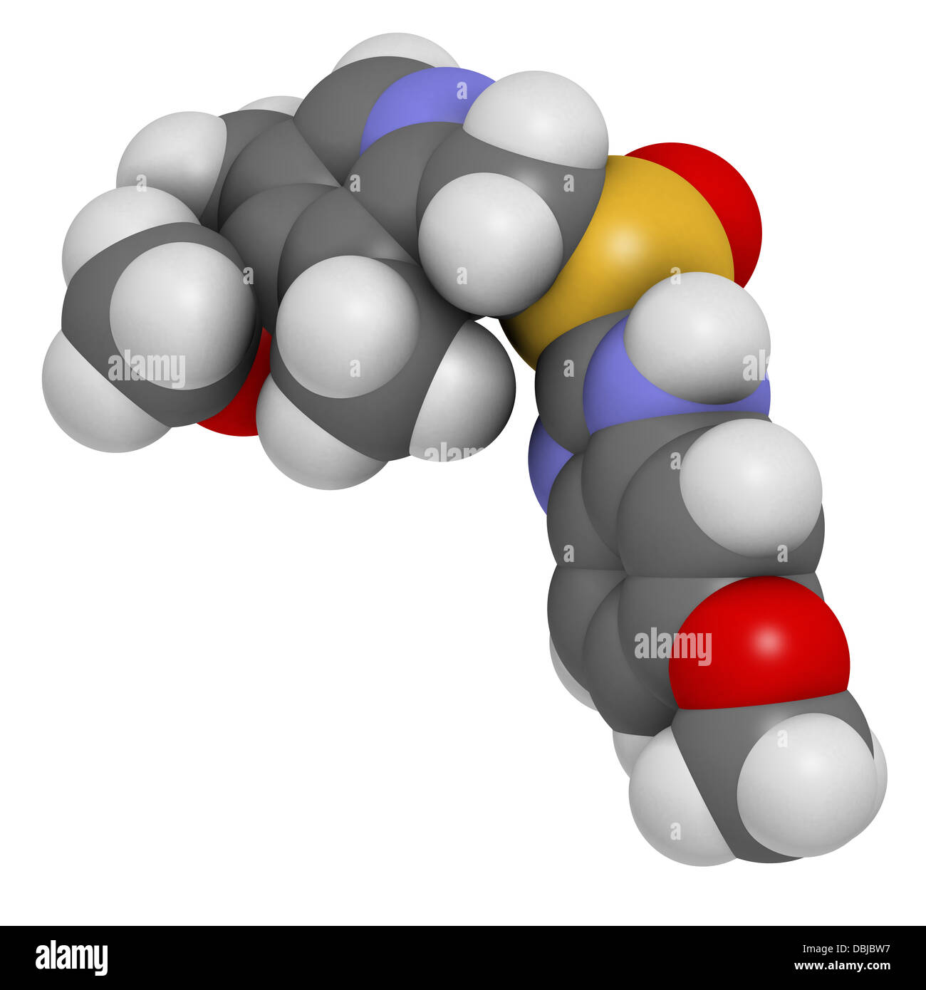 L'Omeprazole de dyspepsie et d'ulcère gastroduodénal (médicament inhibiteur de la pompe à protons), la structure chimique. Banque D'Images