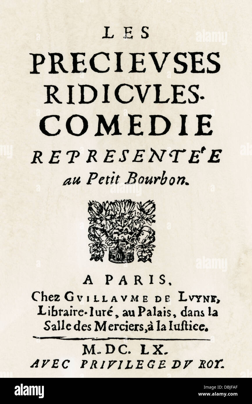 Page de titre de la comédie de Molière, "Les Precieuses ridicules", première édition, 1660. Gravure sur bois avec un lavage à l'aquarelle Banque D'Images