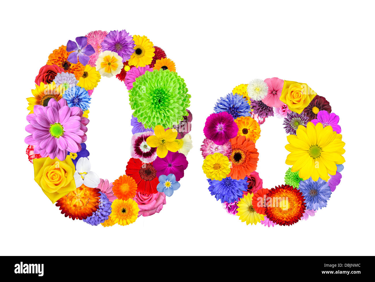 O Lettre d'Alphabet de fleurs isolé sur blanc. Lettre en de nombreuses fleurs colorées et originales Banque D'Images