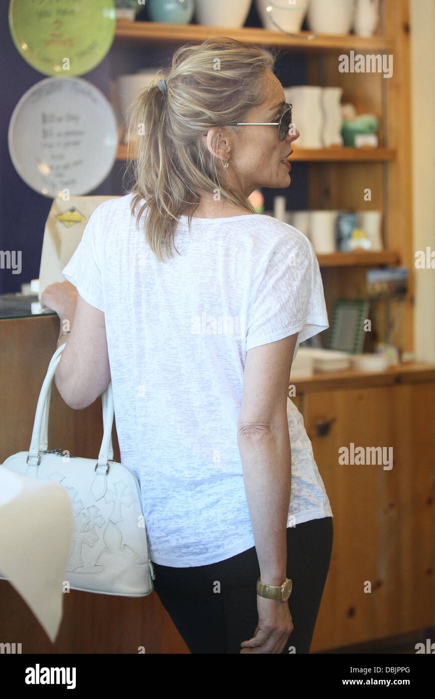 Sharon Stone prend ses trois fils adoptifs, Roan Joseph Bronstein, Laird Vonne Stone, et Quinn Kelly Stone pour manger le déjeuner au California Pizza Kitchen et l'achat des fournitures artistiques de Color Me Mine dans Beverly Hills. Los Angeles, Californie - 25.06.11 Banque D'Images