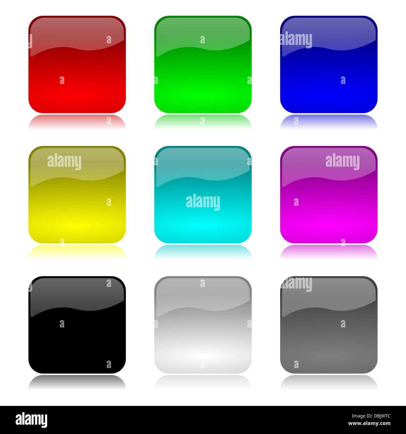 Brillant de couleur et les boutons de l'application défini avec réflexion sur fond blanc illustration Banque D'Images