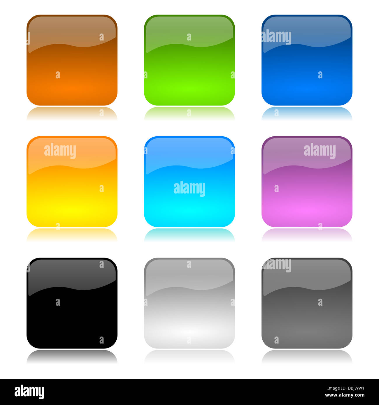 Brillant de couleur et les boutons de l'application défini avec réflexion sur fond blanc illustration Banque D'Images