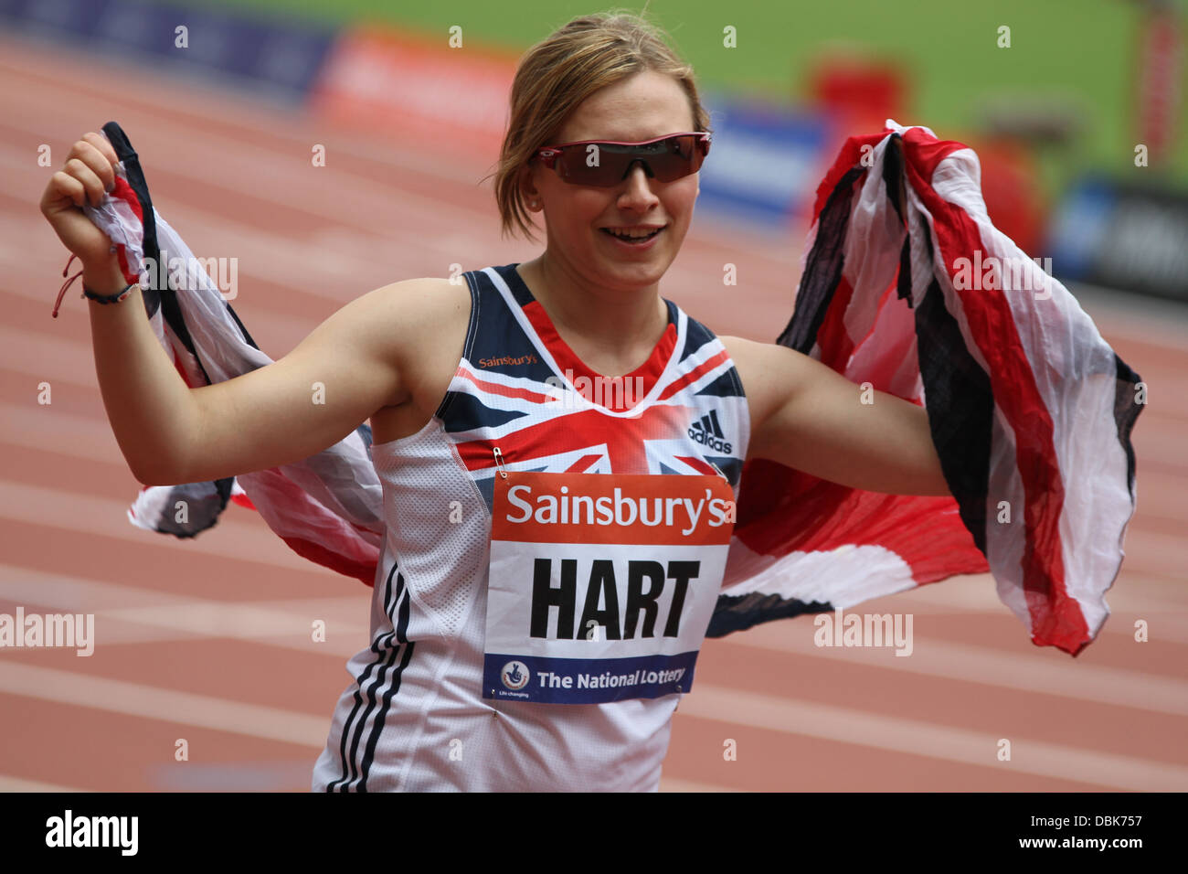 Katrina Hart GBR dans 100m femmes T37 - finale à l'anniversaire jeux dans le Parc olympique de Stratford, London, 2013. Banque D'Images