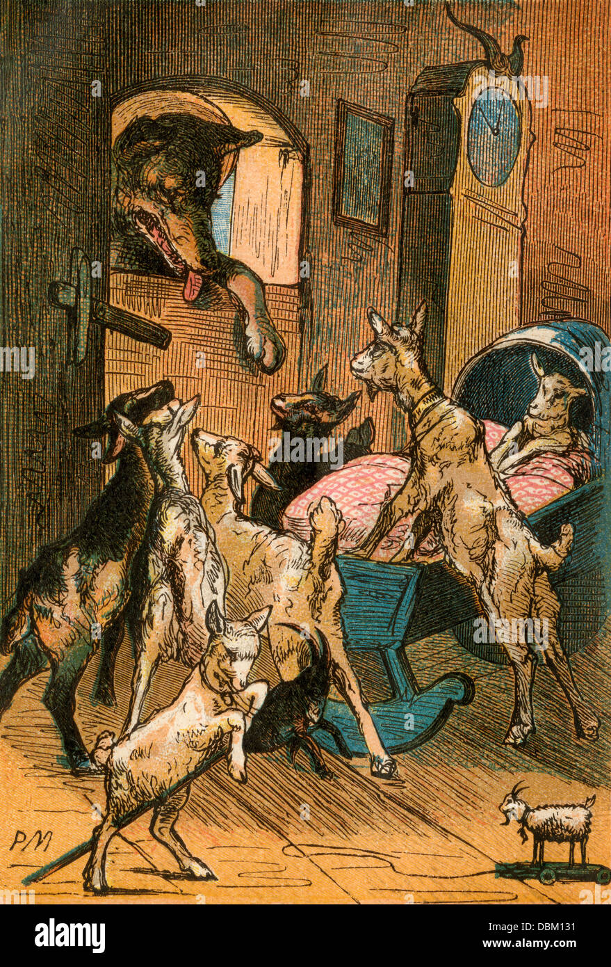 Wolf et sept petits chèvres, à partir d'une édition de Berlin' Grimm Fairy Tales, 1865. Plaque de couleur Banque D'Images