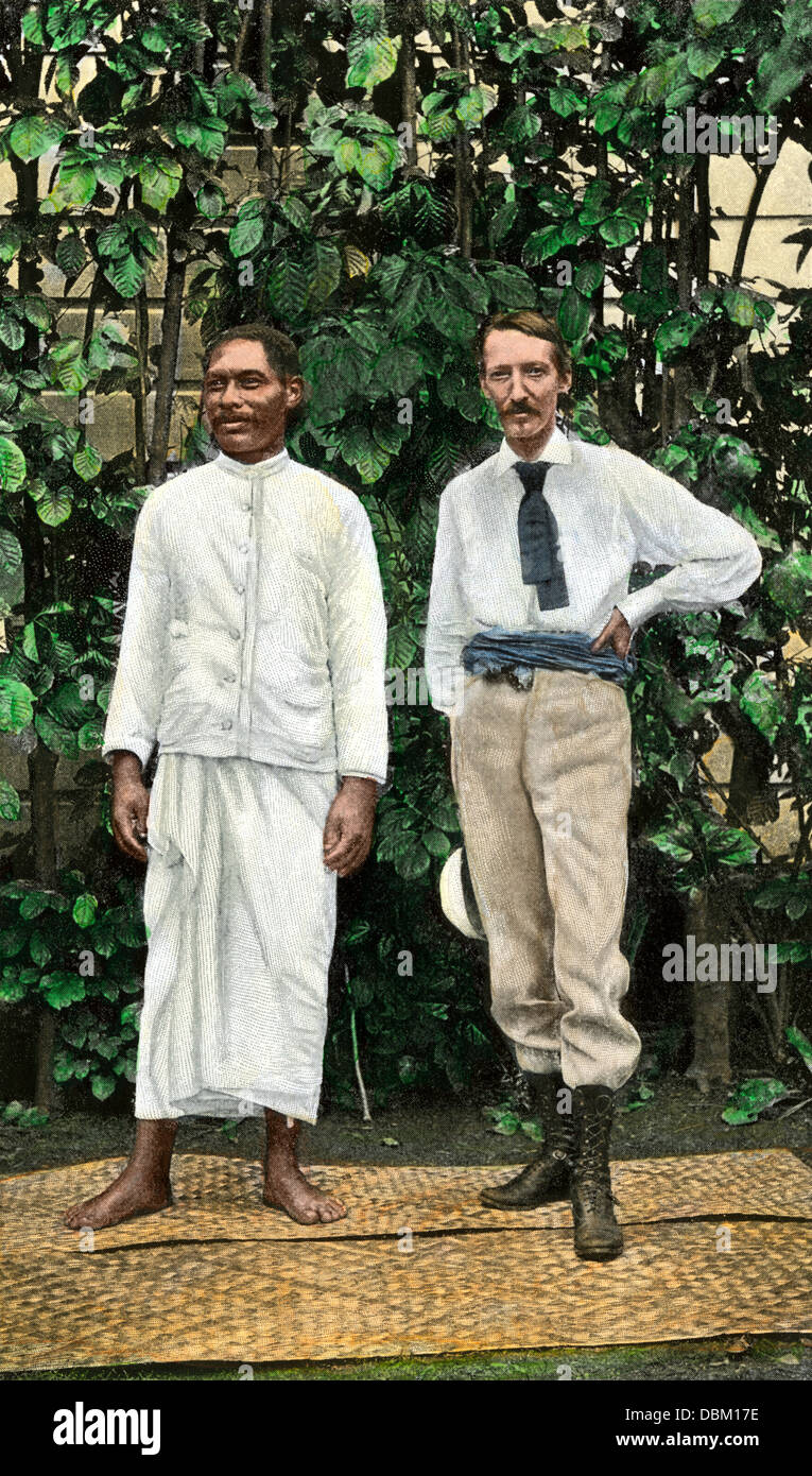 Robert Louis Stevenson à Samoa avec TUI-ma-le-alii-Fano. Demi-teinte à la main, reproduction d'une photographie Banque D'Images