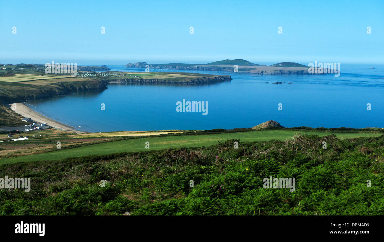 Vue sur la plage de Whitesands Bay et Ramsey Depuis les champs de St Davids Head sur la côte de Pembrokeshire Au pays de Galles Grande-Bretagne KATHY DEWITT Banque D'Images