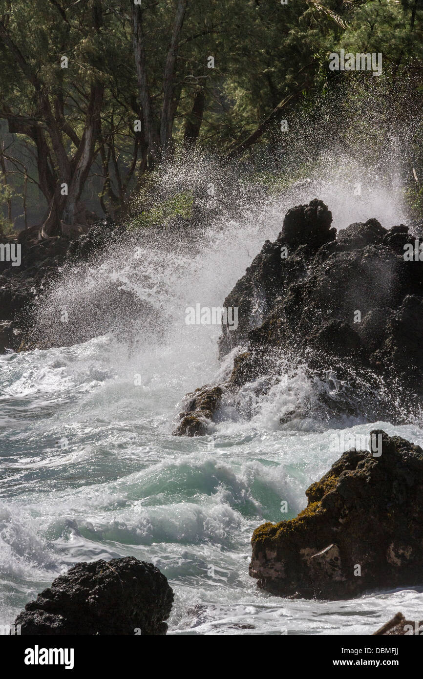 Le fracas des vagues sur les roches de lave sur une plage à Keanae Peninsula, sur l'île de Maui à Hawaii. Banque D'Images