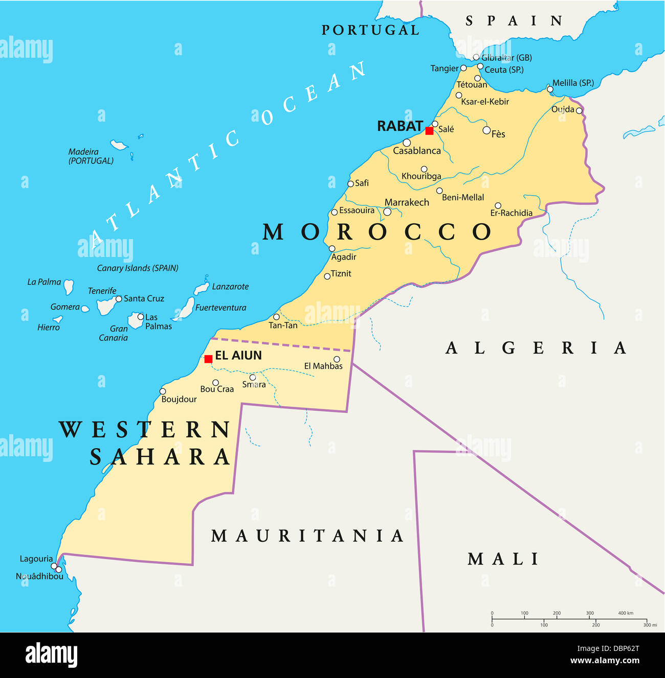 Le Maroc et le Sahara Occidental Carte Politique Banque D'Images