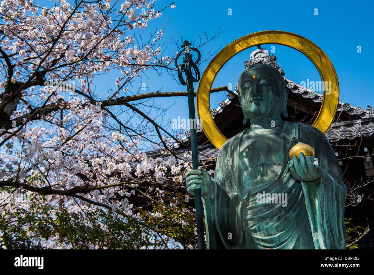 Statue dans la fleur de cerisier dans le parc Maruyama-Koen, Kyoto, Japon, Asie Banque D'Images