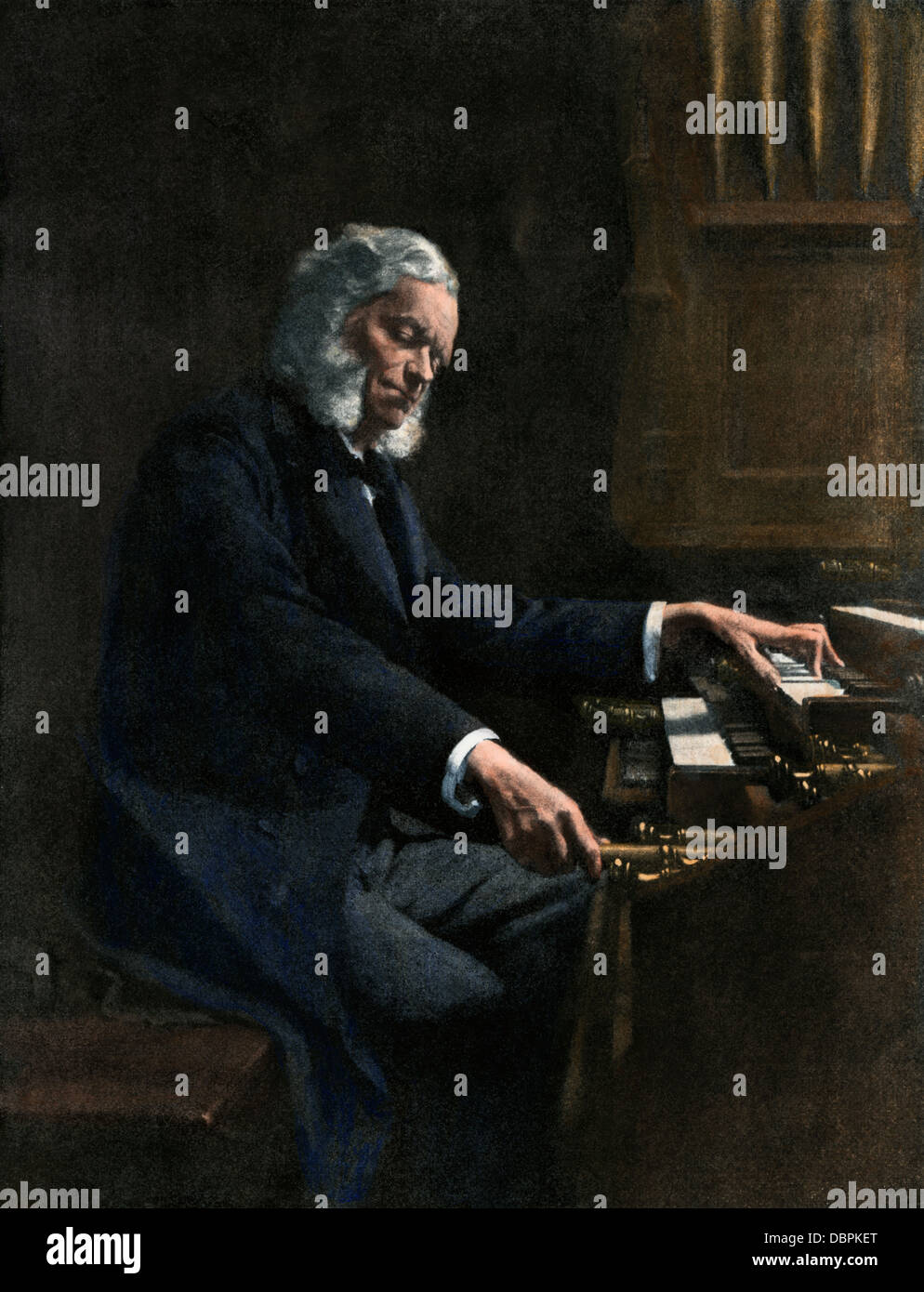 Cesar Franck joue de l'orgue de l'église Sainte Clotilde, Paris. Demi-teinte de couleur à la main Banque D'Images