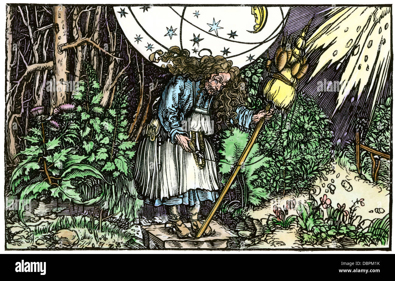 Old-maid sorcière, d'un 1537 Traduction en allemand de Boëthius. À la main, gravure sur bois Banque D'Images