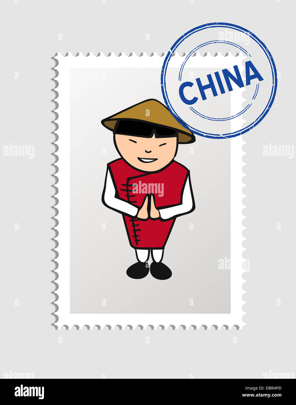 L'homme avec la Chine chinois cartoon postal stamp. Couches d'illustration vectorielle pour faciliter les modifications. Banque D'Images