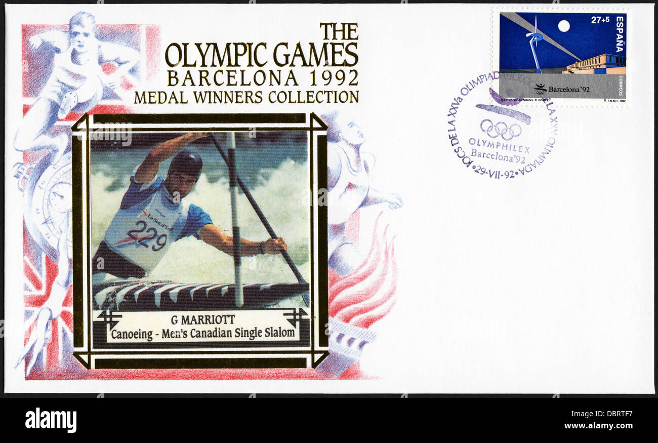 Timbre premier jour commémoratif de la couverture de la collection des médailles des Jeux Olympiques de Barcelone en 1992 avec Gareth Marriott de Grande-bretagne remportant la médaille d'argent pour le canoë-kayak - slalom hommes seul Canadien Banque D'Images