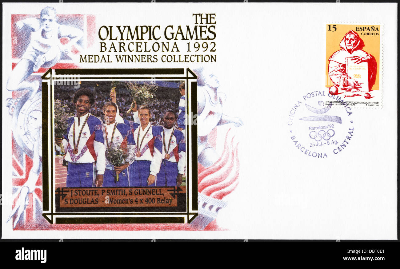 Timbre premier jour commémoratif de la couverture de la collection des médailles des Jeux Olympiques de Barcelone en 1992 avec Jenny Stoute, Rolande Smith, Sally Gunnell & Sandra Douglas de Grande-bretagne remportant la médaille de bronze pour l'athlétisme - les femmes relais 4 x 400 m Banque D'Images