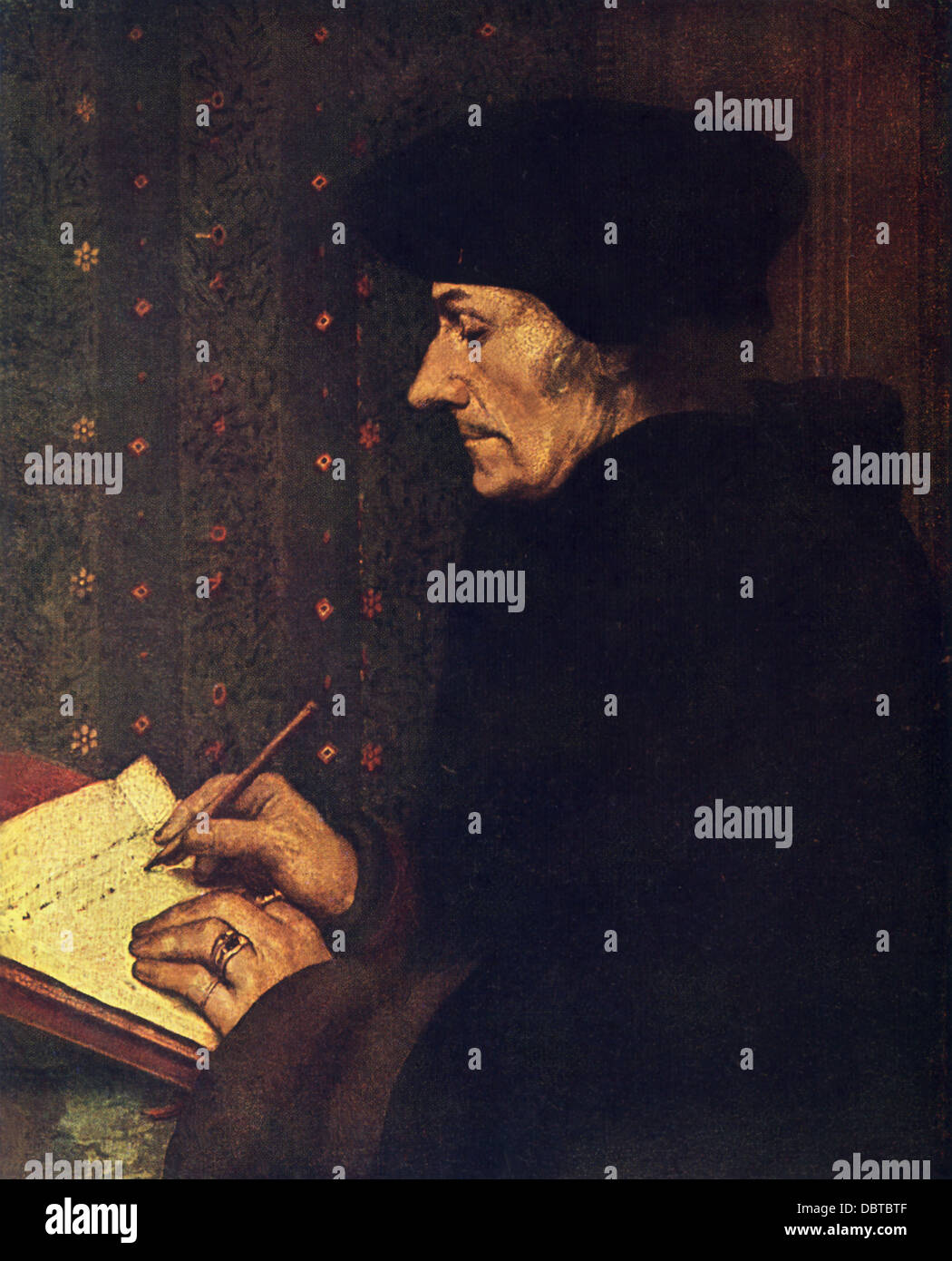 Hans Holbein le Jeune (1497-1543), artiste exceptionnel de la Renaissance allemande, peint ce portrait d'Erasmus en 1523. Banque D'Images