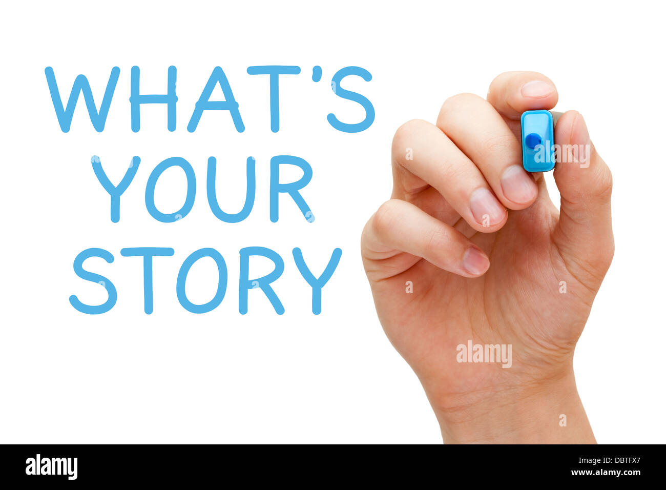 La main Quelle est votre histoire avec marqueur bleu sur transparent essuyer. Banque D'Images