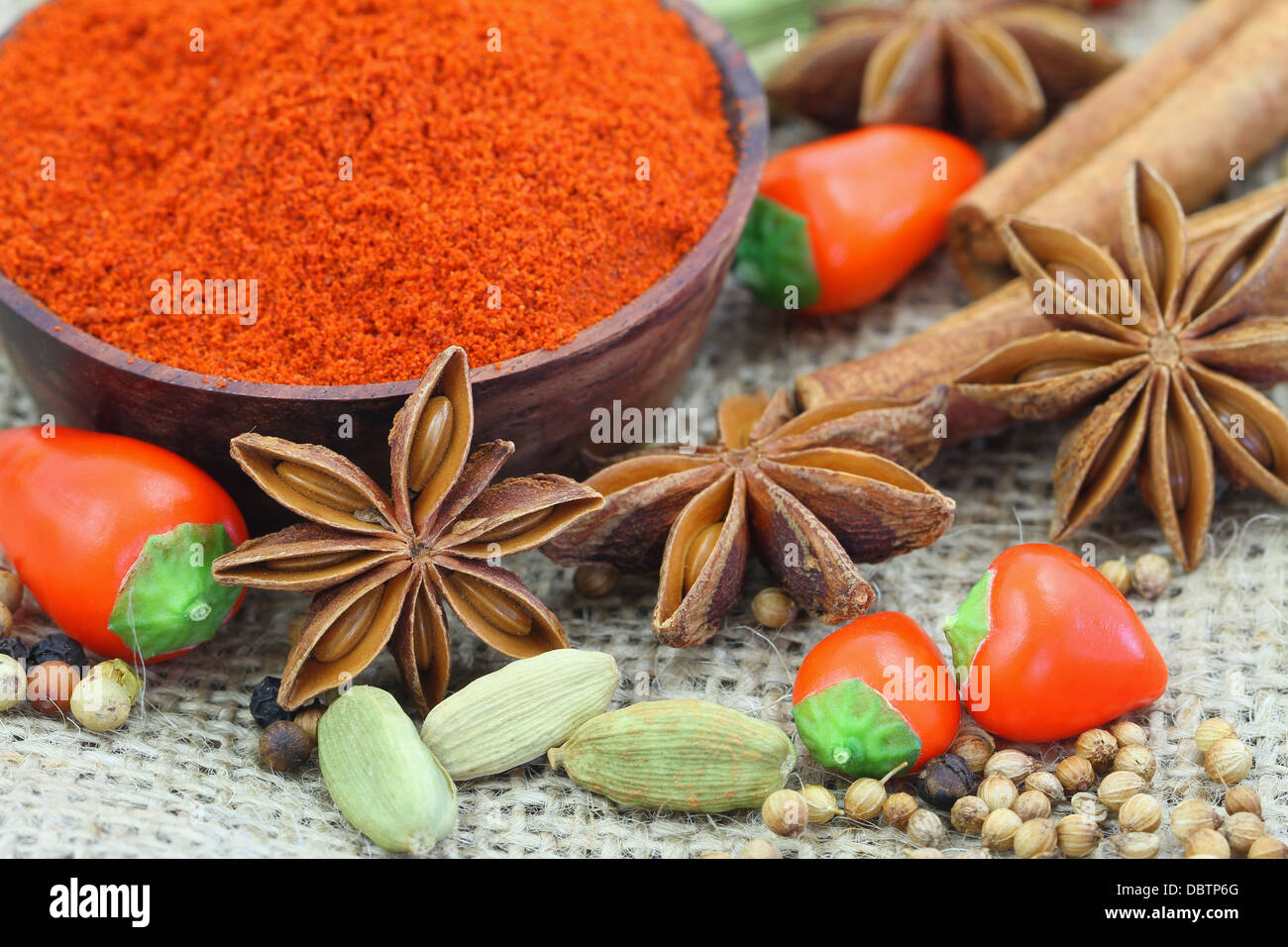 Les épices indiennes et piments frais sur la surface du jute Banque D'Images