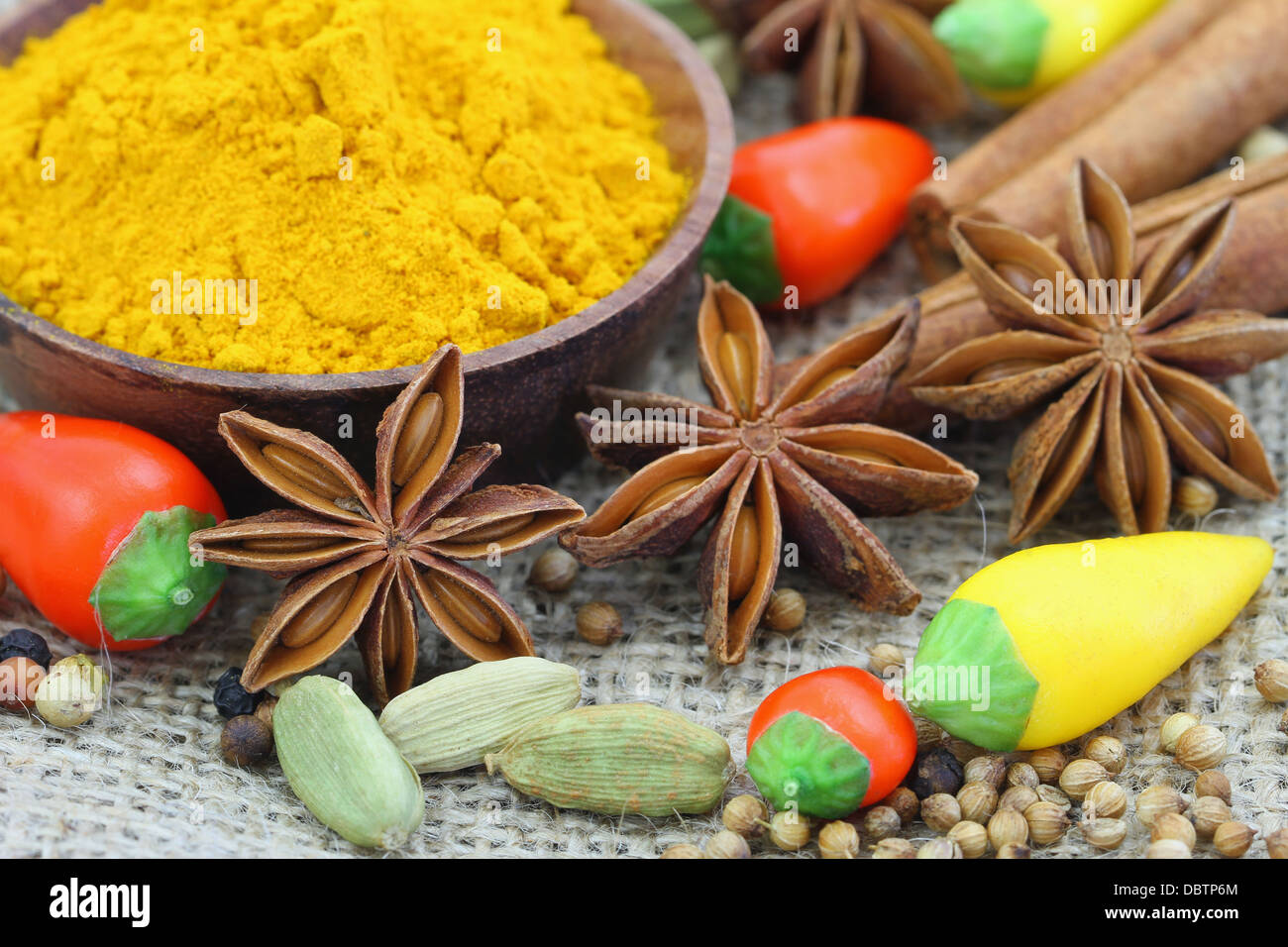 Les épices indiennes et piments frais sur la surface du jute Banque D'Images