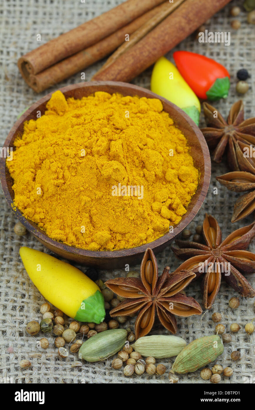 Les épices indiennes et piments frais sur la surface du jute Banque D'Images