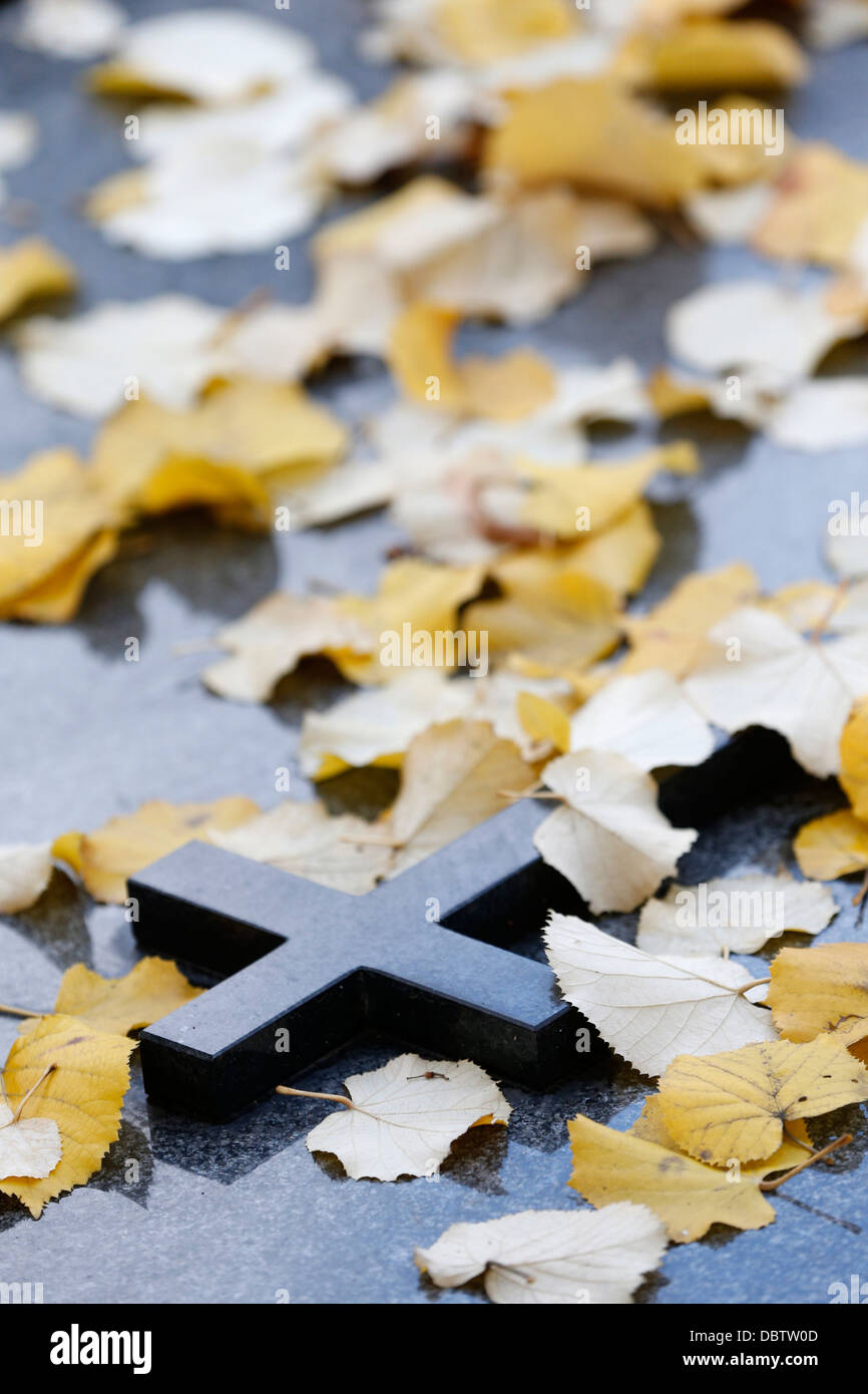 Croix en pierre tombale sous les feuilles mortes, France, Europe Banque D'Images