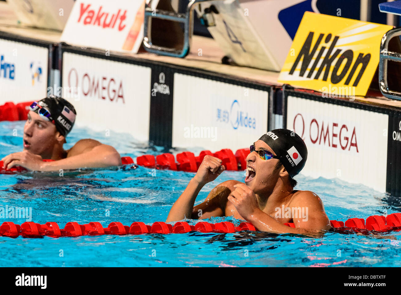 Barcelone, Espagne. Août 4th, 2013 : le Japon Seto Daiya réagit comme il se rend compte de sa victoire après le men's 400m quatre nages individuel à la 15e finale des Championnats du Monde FINA à Barcelone. Credit : matthi/Alamy Live News Banque D'Images