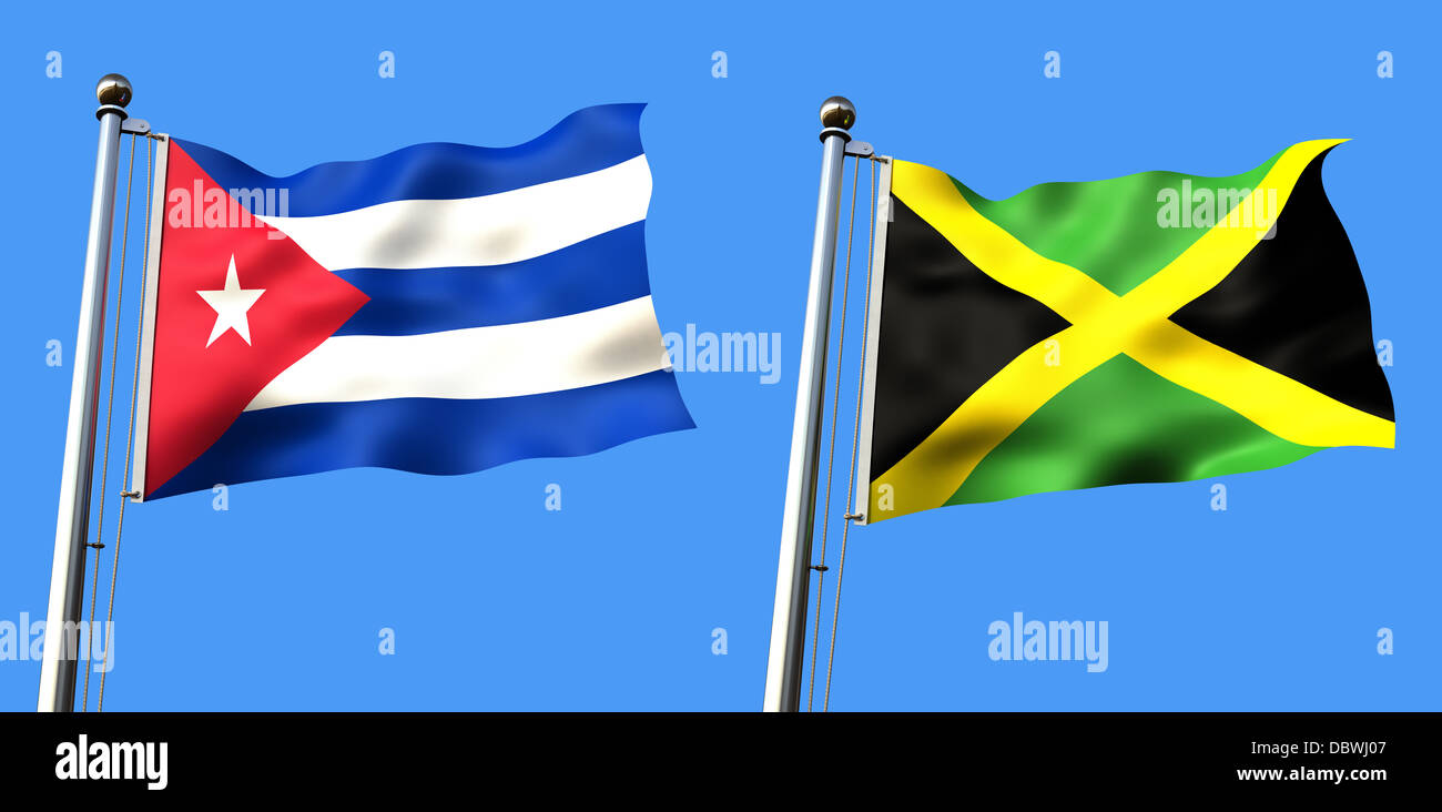 Drapeau de Cuba et de la Jamaïque isolé sur fond bleu - rendering Banque D'Images