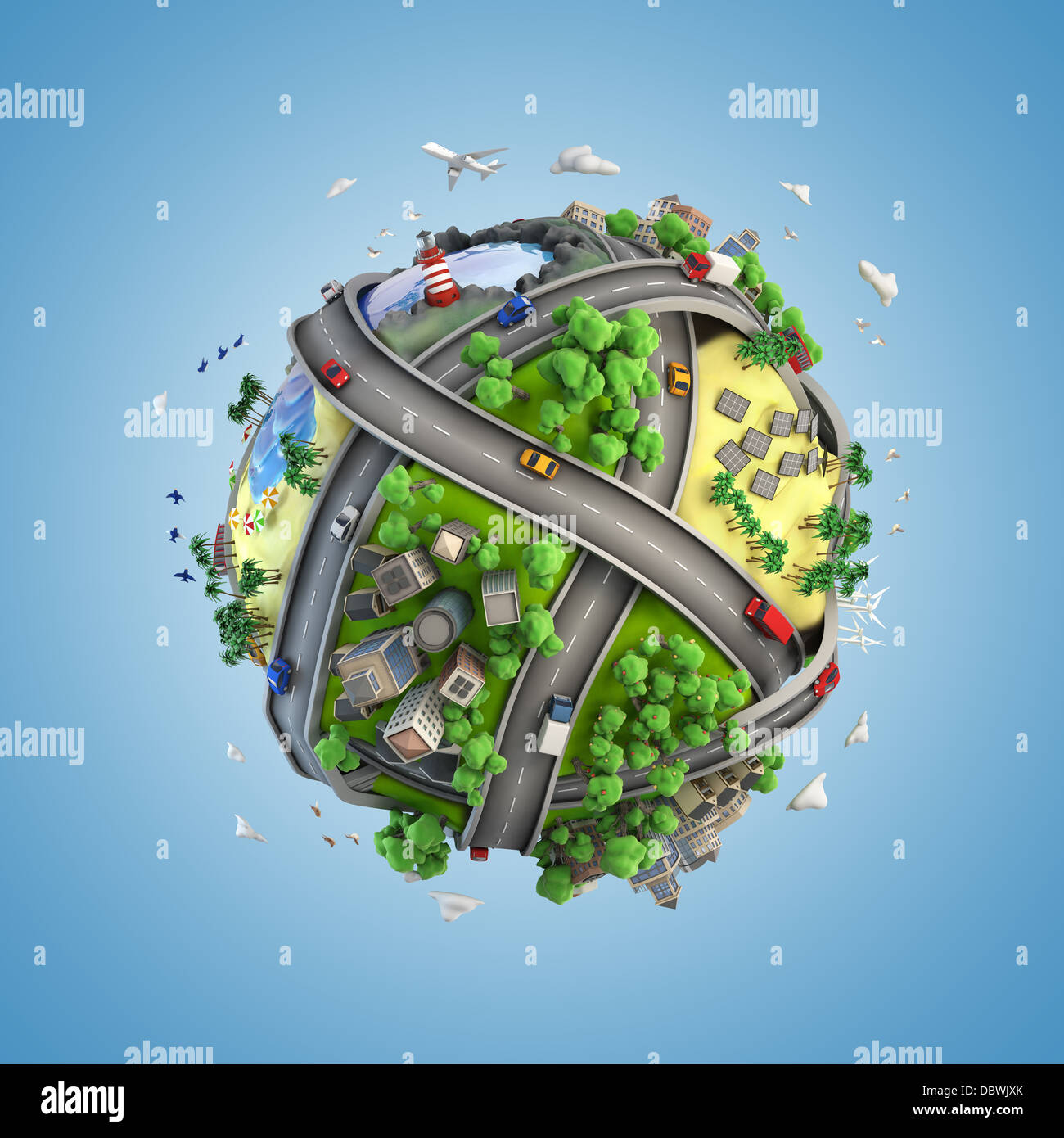 Globe concept montrant la diversité, les transports et l'énergie verte dans un style cartoon Banque D'Images