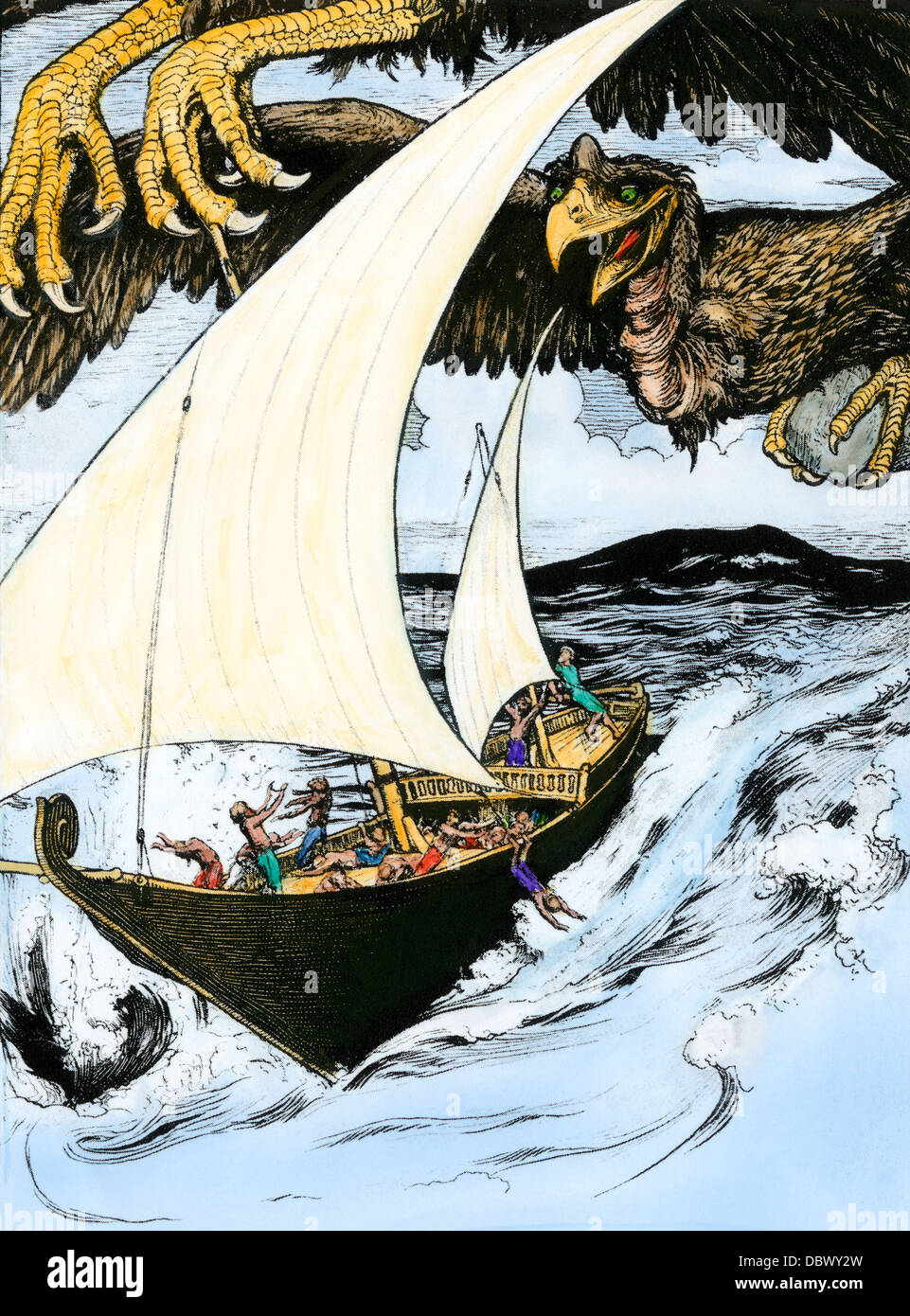 Le bateau de Sinbad fuyant Roks laissant tomber des pierres, de la 1001 Mille et Une Nuits. À la main, gravure sur bois Banque D'Images