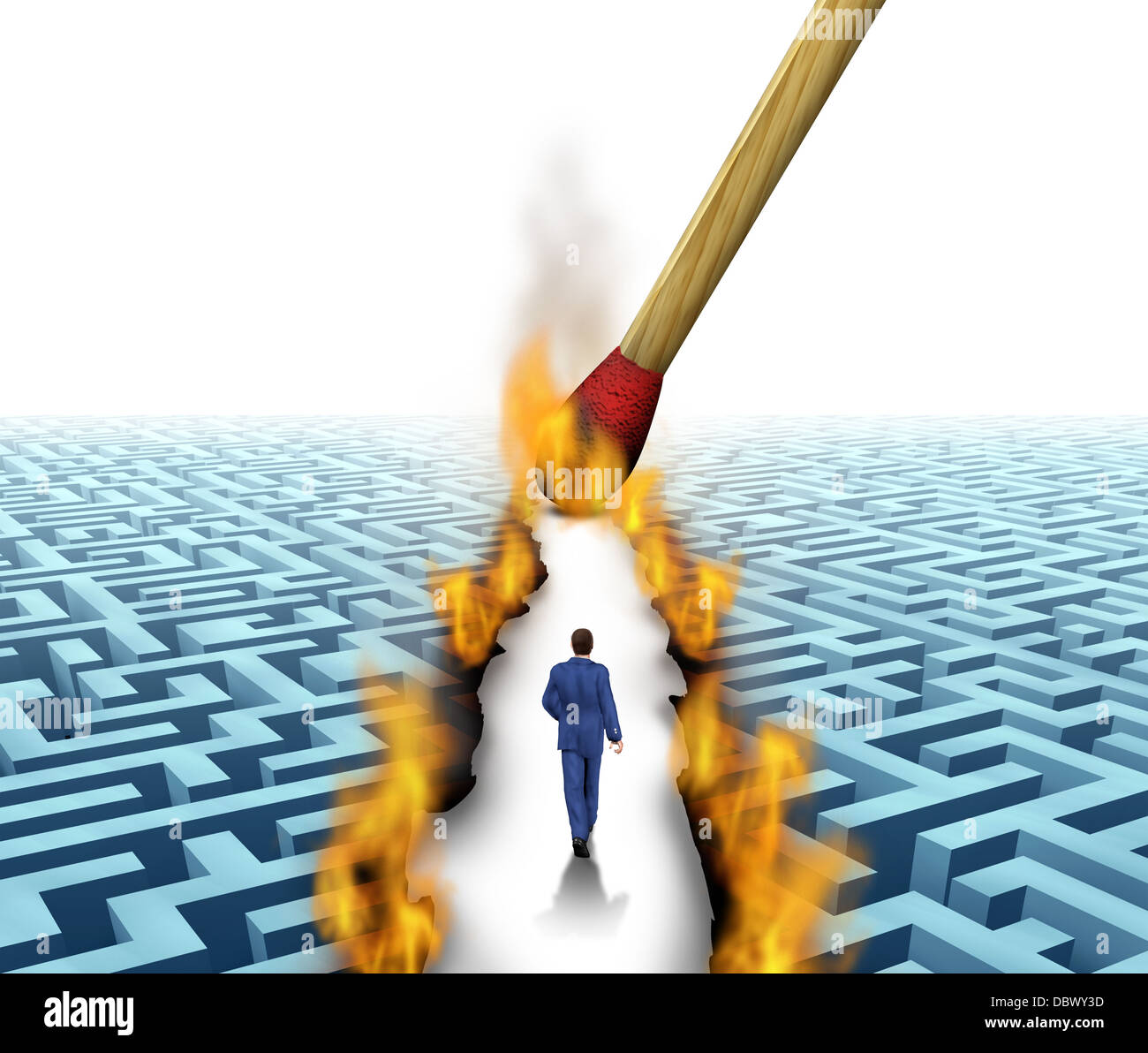 Leader mondial des solutions avec un homme marche à travers un labyrinthe compliqué par les flammes et le feu allumé par un match comme un concept d'entreprise d'idées novatrices pour le succès financier. Banque D'Images