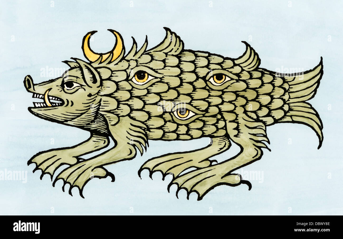 Argus monstre de mer dans l'Oceano germanica, ou de la mer du Nord, à partir d'Olaus Magnus, années 1500. À la main, gravure sur bois Banque D'Images