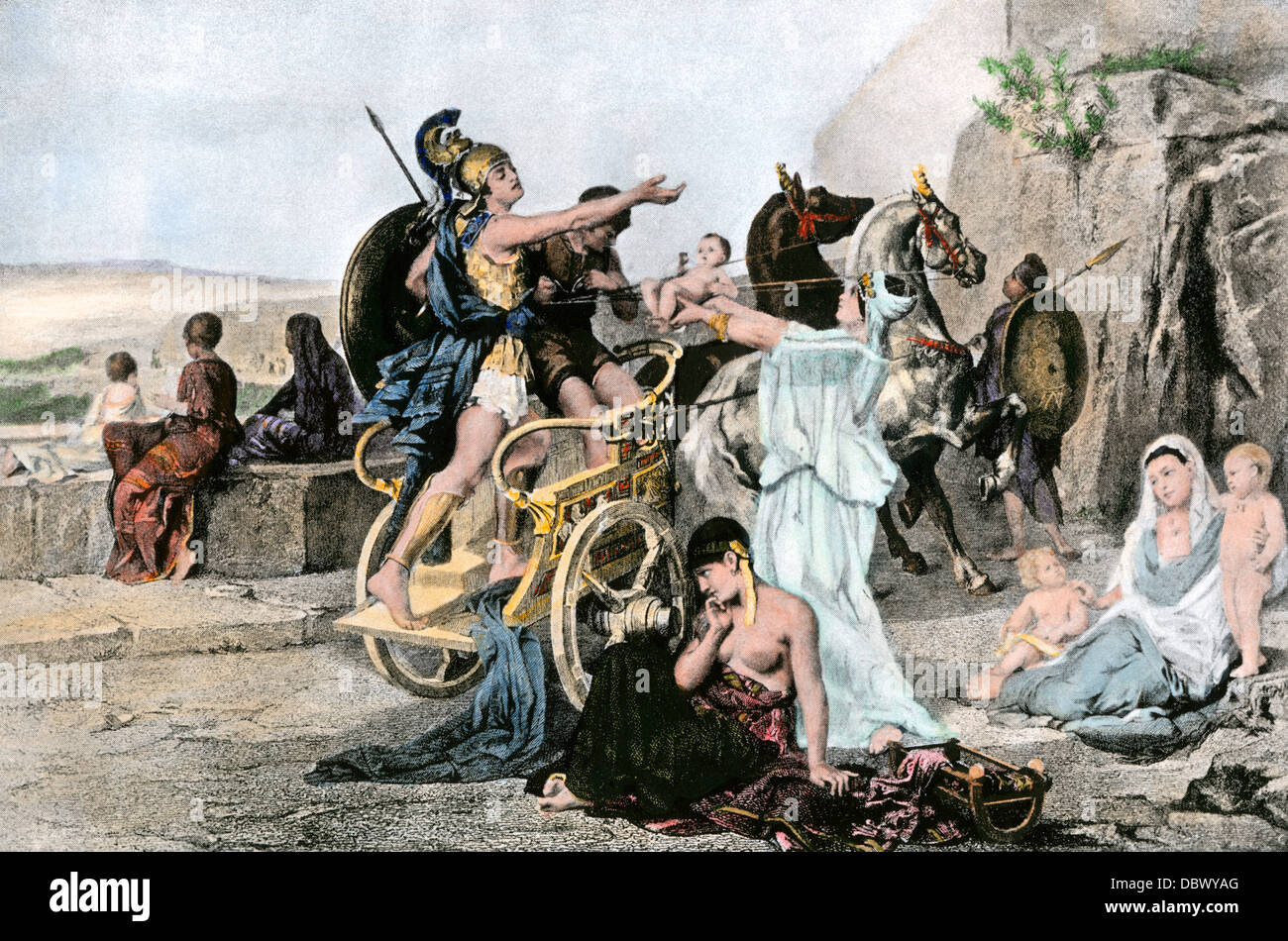 Les adieux d'Hector à Andromaque et leur fils Priam, laissant à bataille guerre de Troie, d'Achille. Demi-teinte à la main, reproduction d'une illustration Banque D'Images