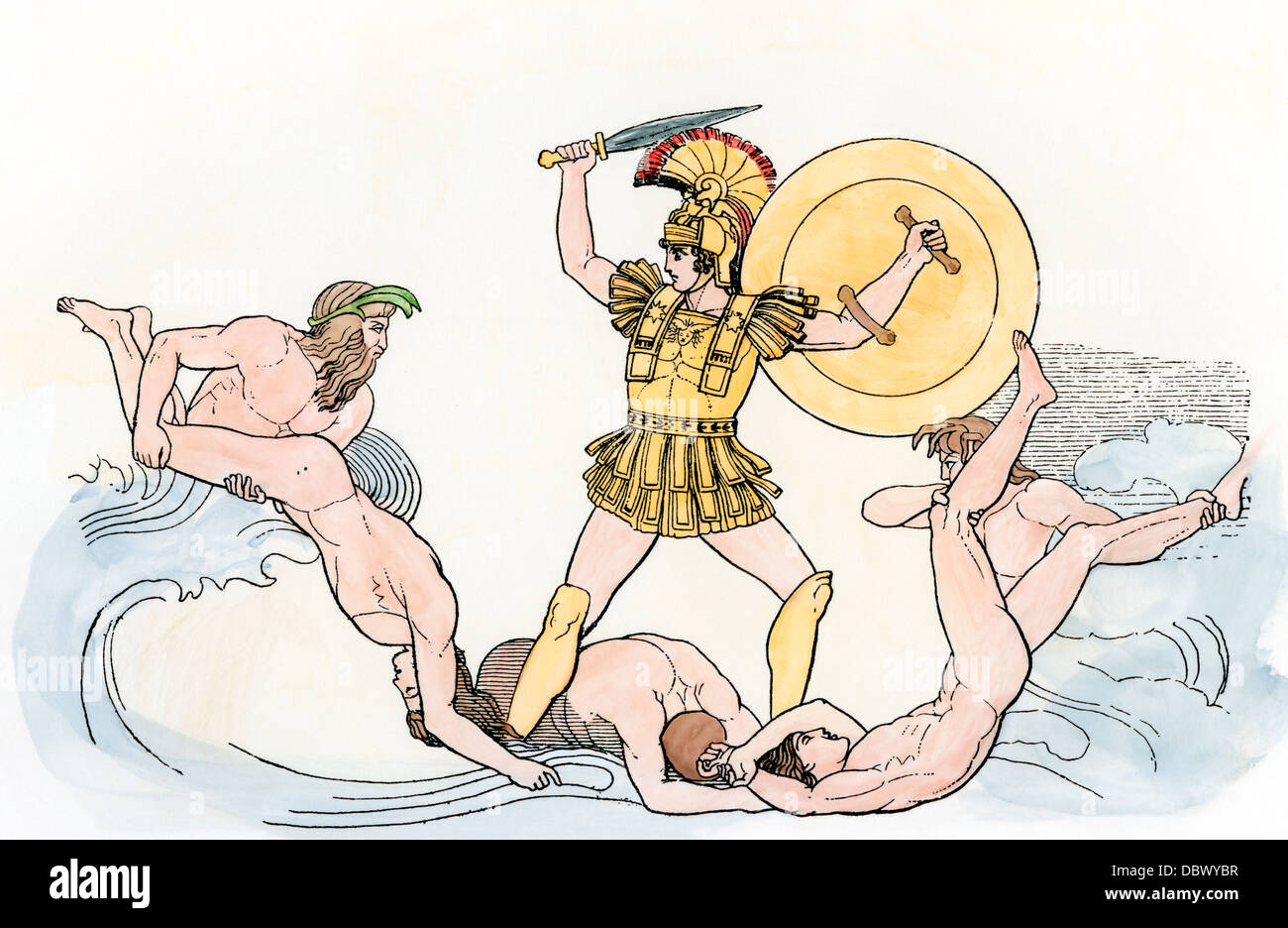 Héros grec Achille luttant dans les vagues. À la main, gravure sur bois Banque D'Images