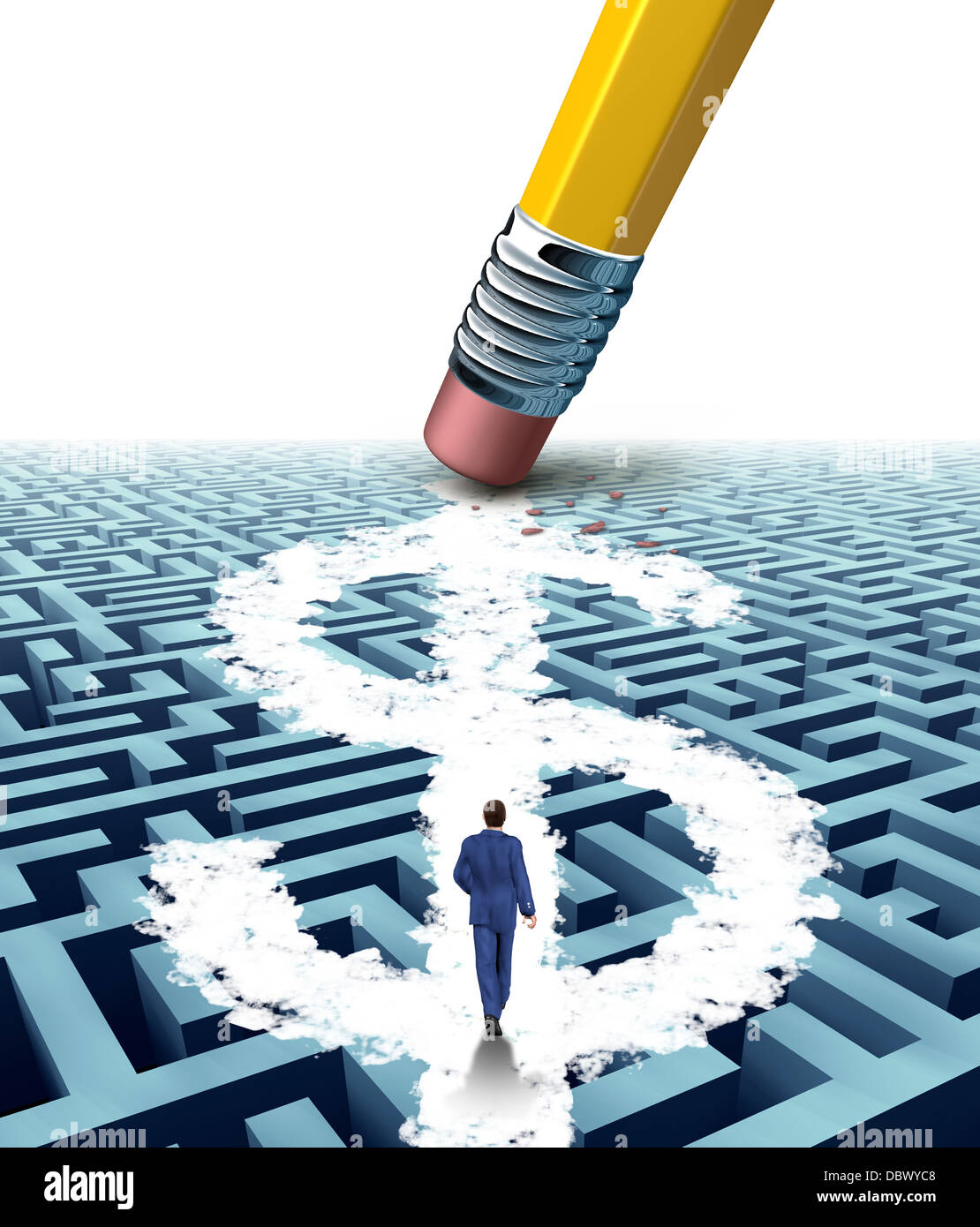 Solutions de gestion du patrimoine en tant qu'homme d'affaires marcher à travers un labyrinthe ouvert par une gomme qui a effacé un nouveau chemin en forme d'un signe dollar comme un concept d'entreprise d'idées novatrices dans le succès. Banque D'Images