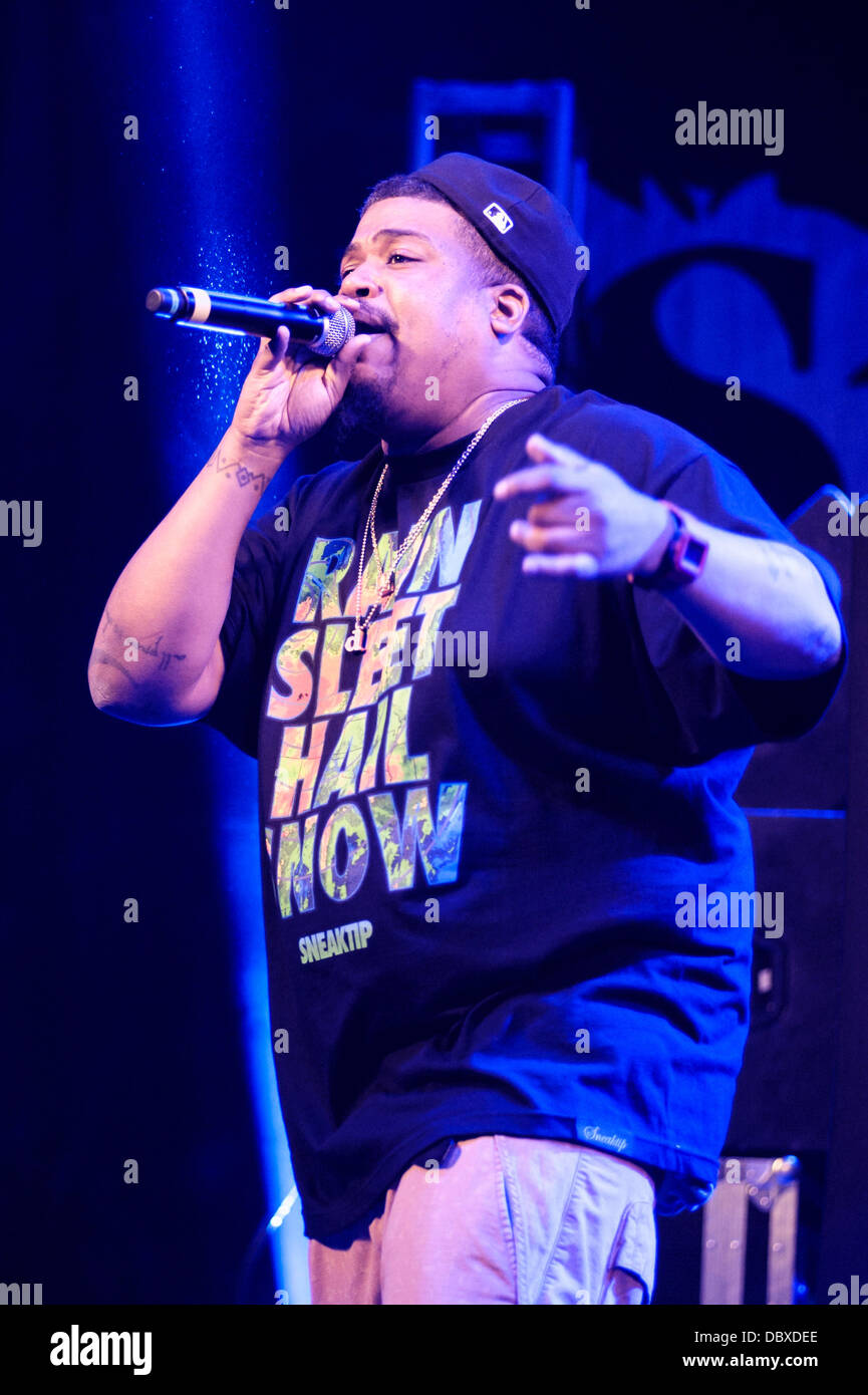 Hertfordshire, UK, 04/08/2013 : Standon appelant Festival. De La Soul porter le festival de conclure sur la scène principale. De La Soul est un trio hip-hop américain formé en 1987 à Long Island, New York. Les personnes sur la photo : David Jude Jolicoeur, Trugoy, Trugoy the Dove. Photo par Julie Edwards Banque D'Images