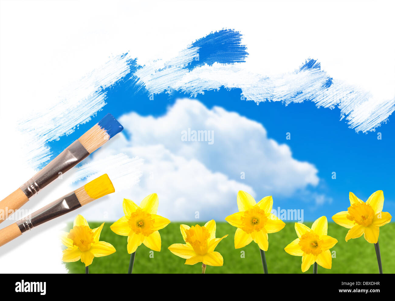 La peinture d'une rangée de jonquilles contre un ciel d'été bleu Banque D'Images La peinture d'une rangée de jonquilles contre un ciel d'été bleu Banque D'Images