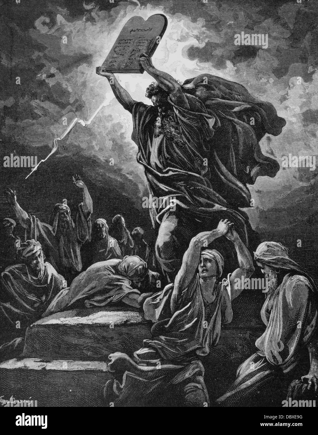 Moïse BRISANT LES TABLES DE LA LOI LES DIX COMMANDEMENTS PAR GUSTAV DORE Banque D'Images