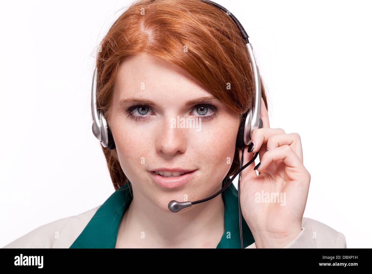 Attractive smiling business woman callcenter opérateur agent isolated on white Banque D'Images