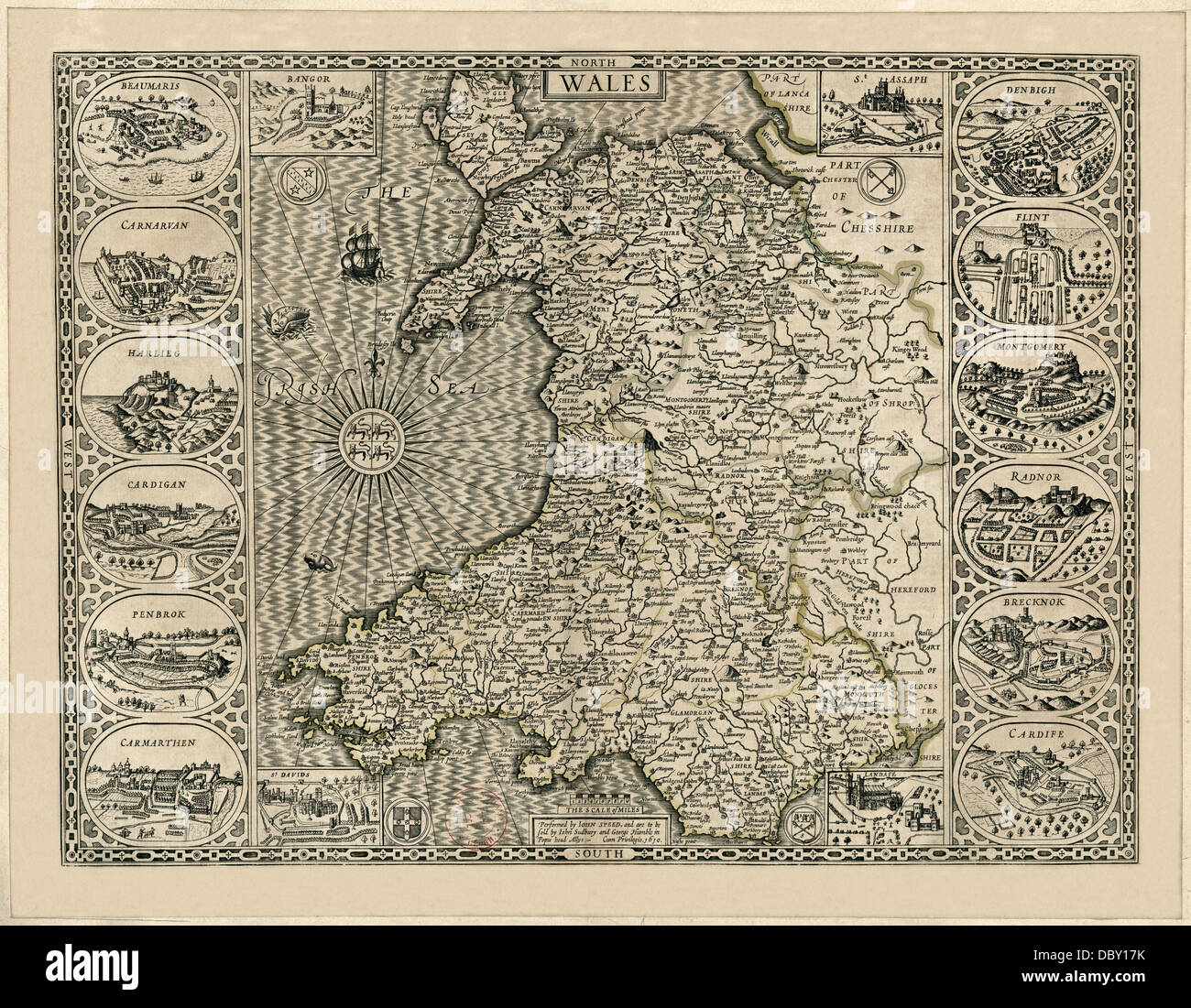 Carte des pays de Galles, par John Speed, 1610. Banque D'Images