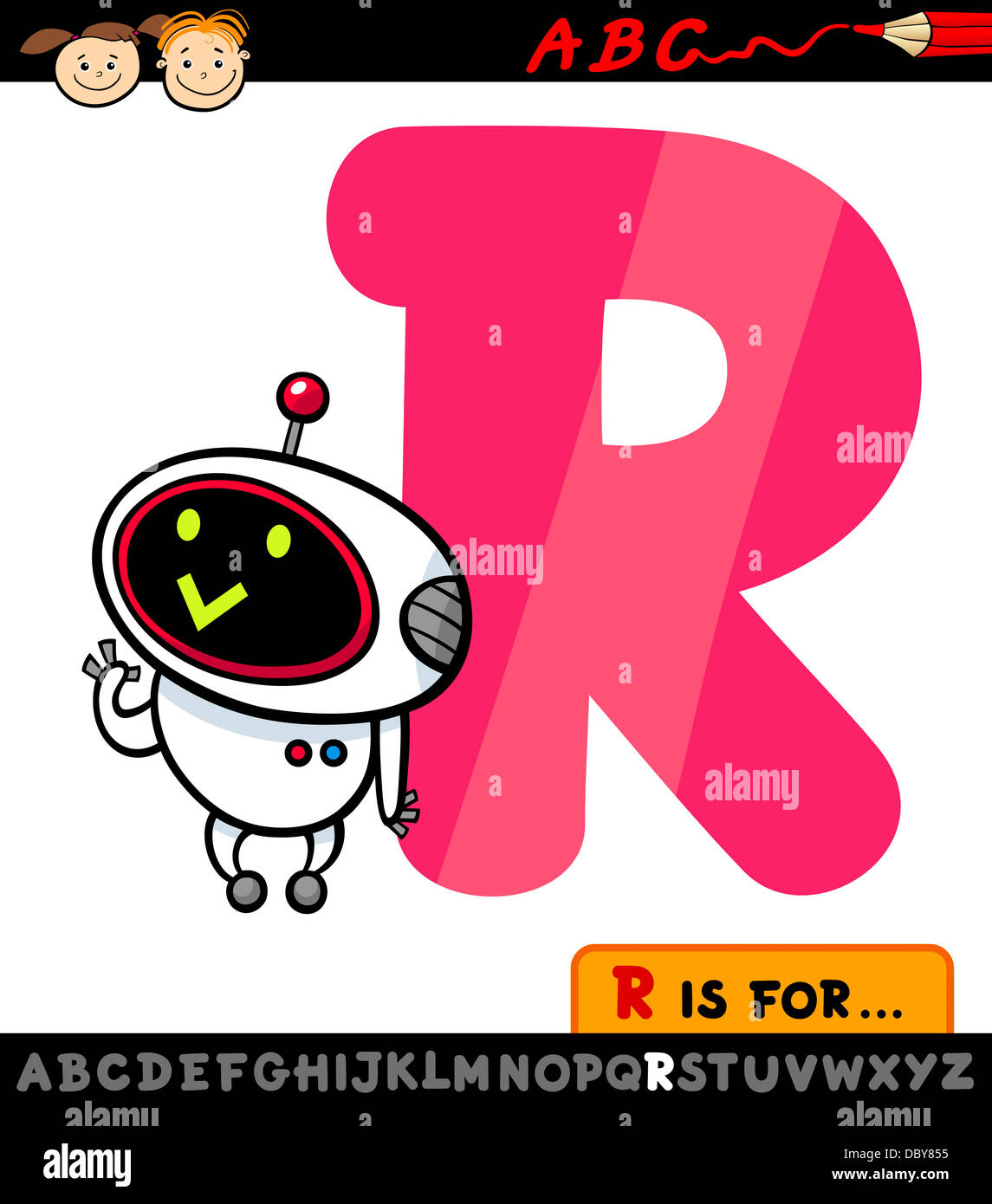 Cartoon Illustration de la lettre R de l'Alphabet avec Robot pour l'éducation des enfants Banque D'Images