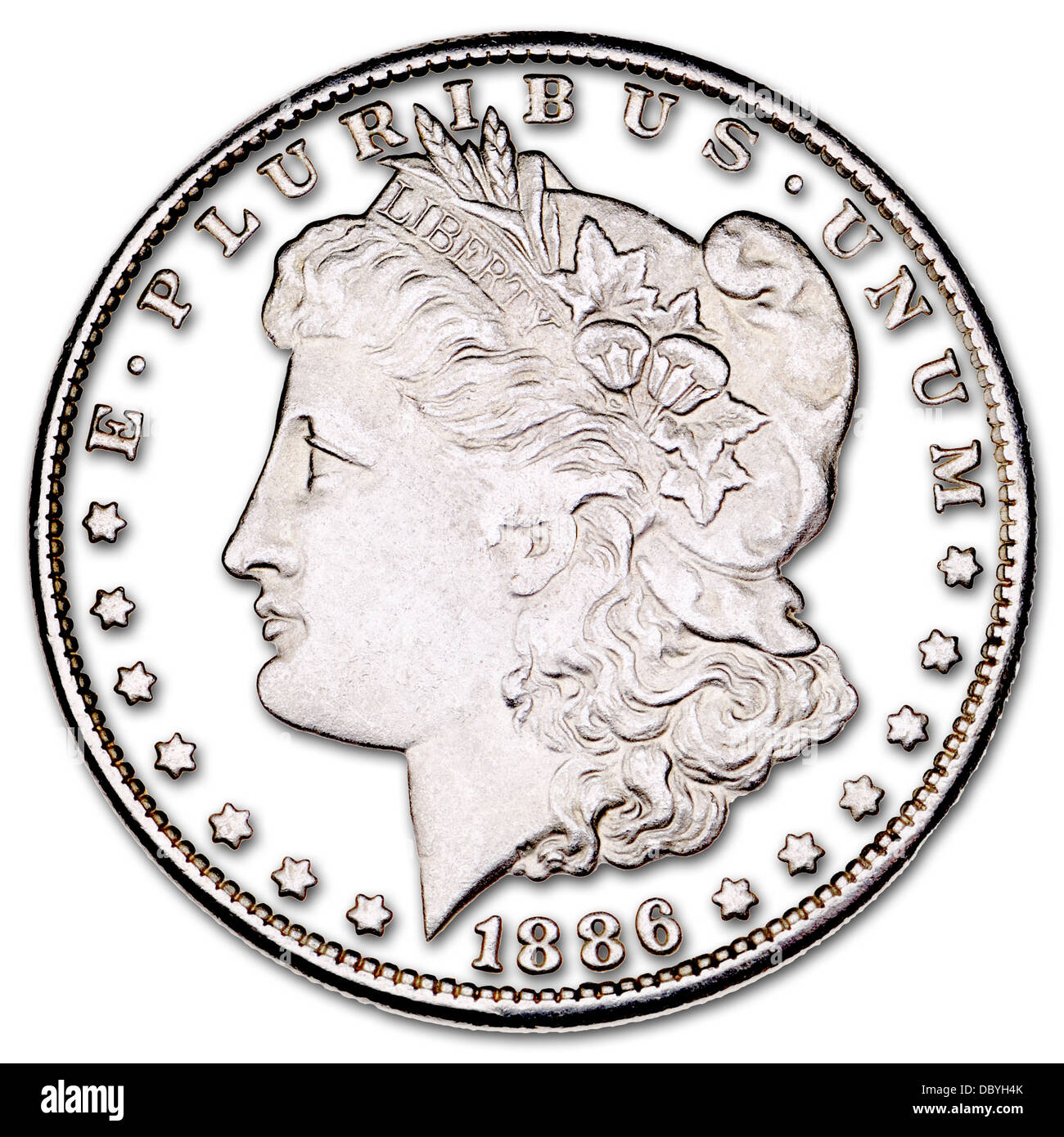 Morgan Dollar US (1886) Pièce en argent - détails dentelle avec ombre portée Banque D'Images