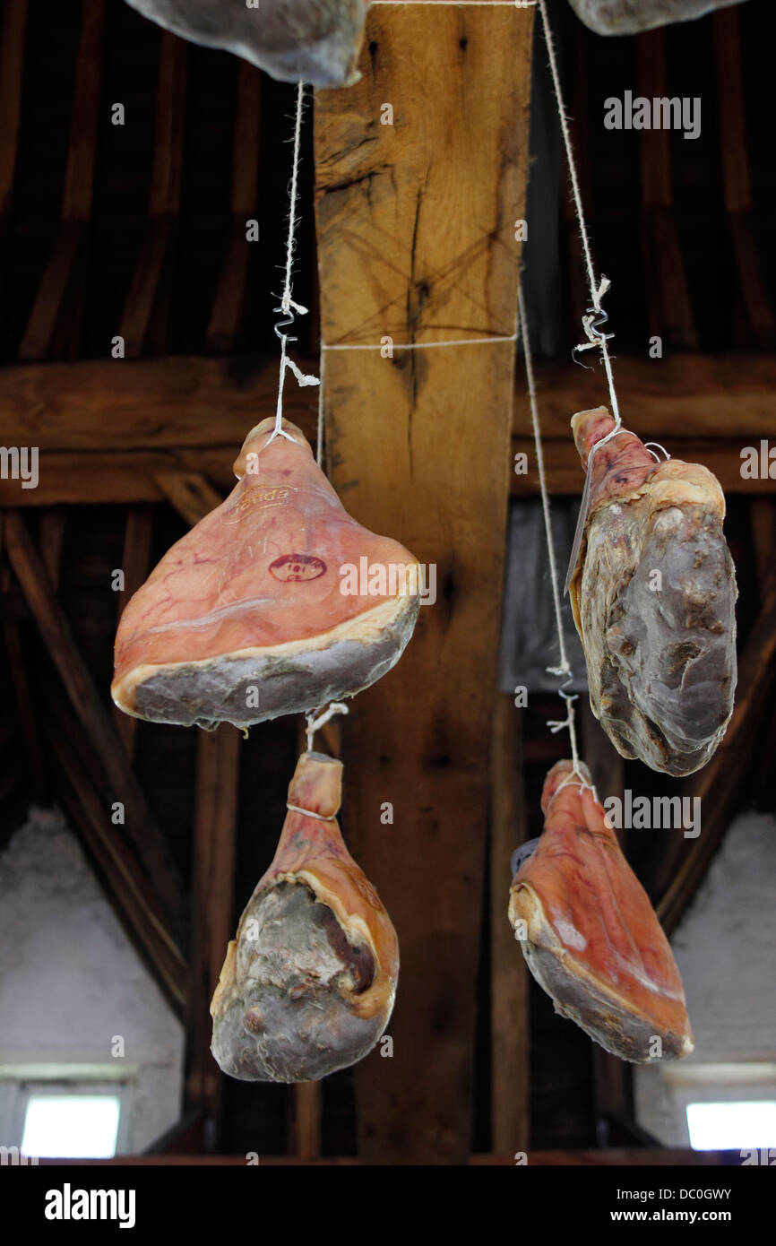 Gand Belgique Europe jambon suspendu au poutres apparentes dans les bouchers Hall du marché de légumes Banque D'Images